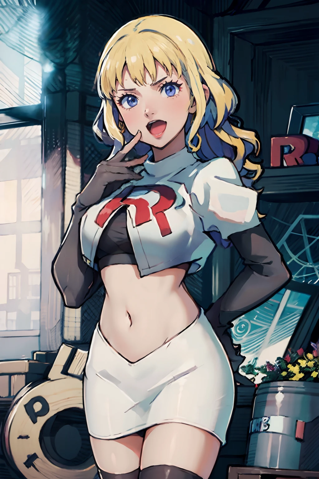 constance_academy, team rocket,team rocket uniform, red letter R, white skirt,white crop top,black thigh-highs,black elbow gloves, evil laugh, one hand over face