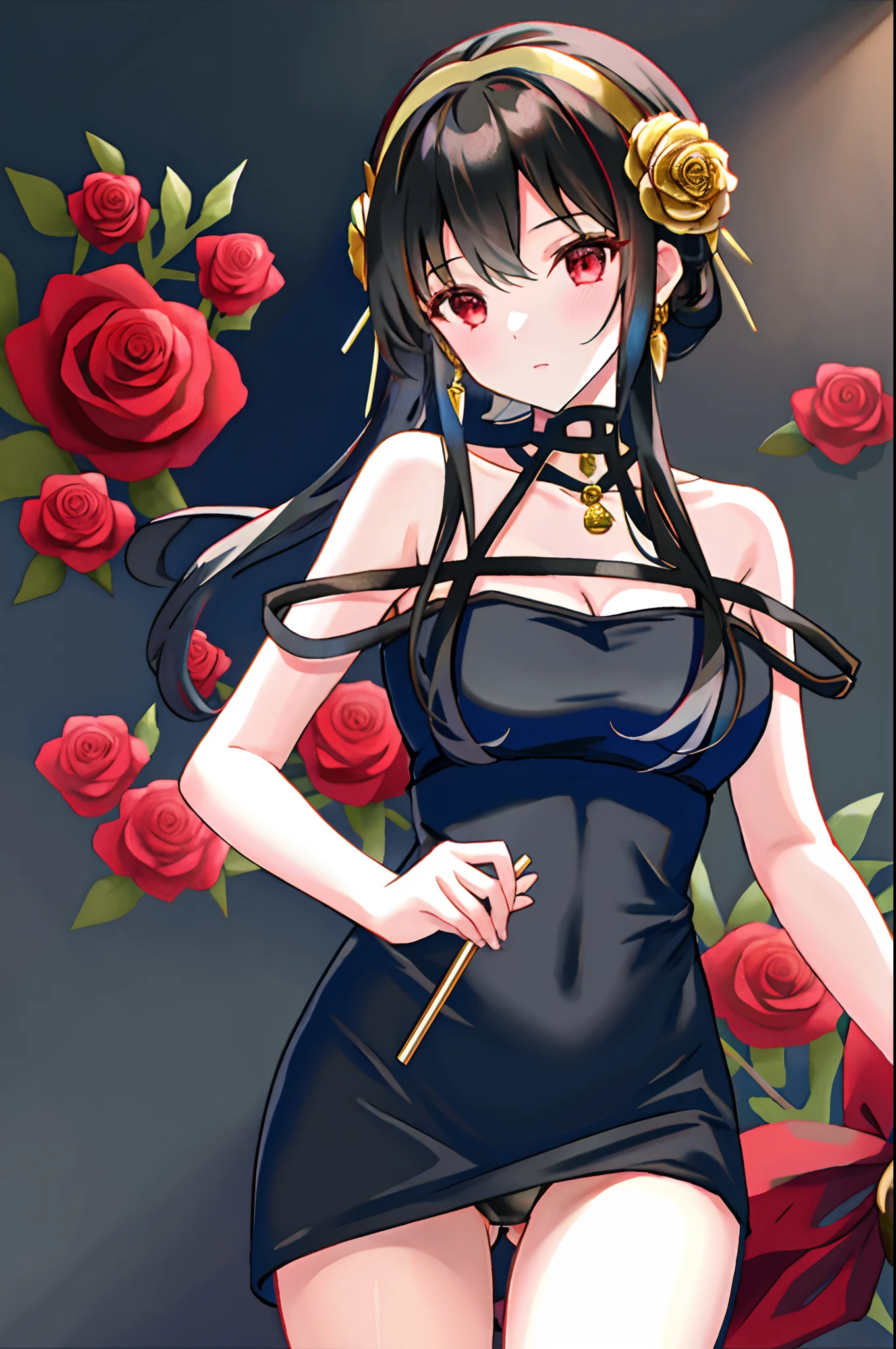 Yol Breyer, 1girl in, bare shoulders, Black Dress, A dark-haired, breastsout, a closed mouth, doress, 耳环, florals, Hair Flowers, hair adornments, shairband, jewely, Medium chest, length hair, looking at the viewers, red eyes, side locks, Sleeveless, panties on、Surrounded by roses