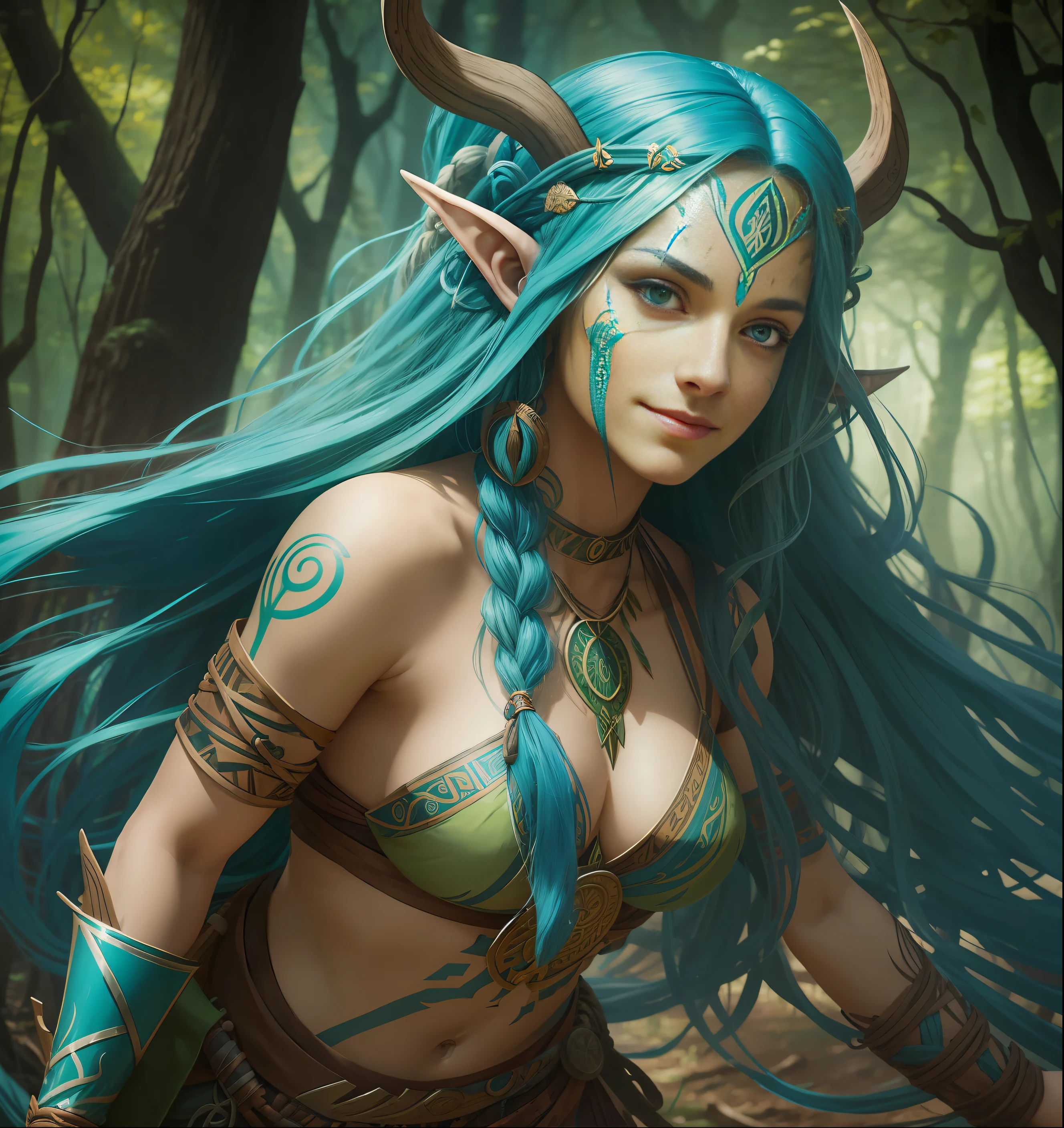 a woman with very long blue hair is running through the woods, cgsociety contest winner, tribal clothing, beautiful wood elf, smiling and dancing, viking attire, green flowing hair, postapocalyptic vibes, beautiful avatar pictures, tribe members chasing, the goddess artemis smirking, [[fantasy]], tribal facepaint, frank dillane as a satyr, cosplay photo --auto --s2