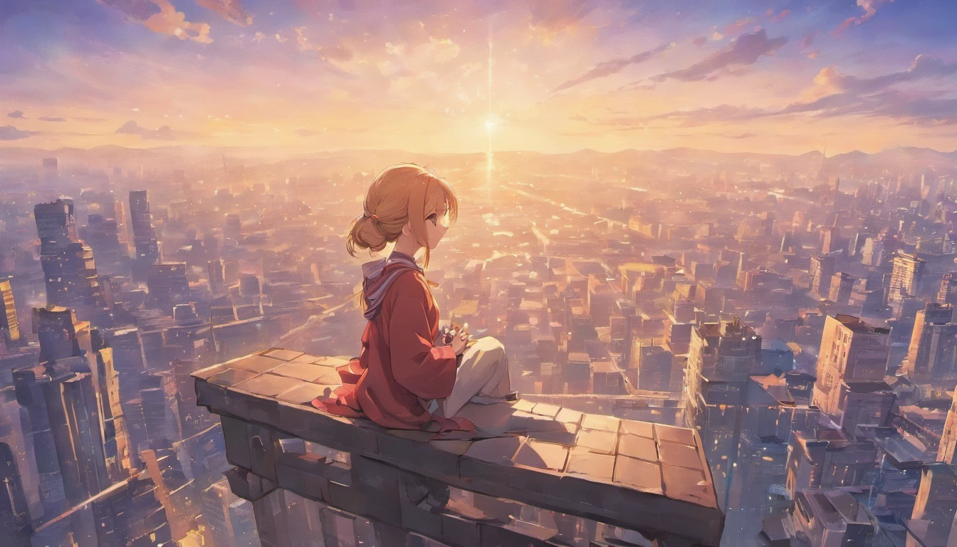 a girl meditating on top of a building,illustration,peaceful atmosphere,vibrant cityscape,highres,ultra-detailed,(realistic:1.37),warm color tones,soft sunlight,bird's eye view,serene expression,flowing hair,comfortable yoga clothes,subtle breeze,horizontal composition,modern architecture,tall skyscrapers,green rooftop gardens,expansive sky,relaxing environment,deep concentration,tranquil surroundings,calm and stillness,zen-like tranquility