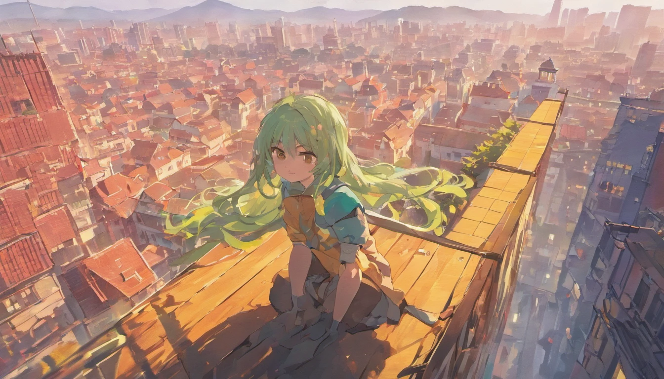 a girl meditating on top of a building,illustration,peaceful atmosphere,vibrant cityscape,highres,ultra-detailed,(realistic:1.37),warm color tones,soft sunlight,bird's eye view,serene expression,flowing hair,comfortable yoga clothes,subtle breeze,horizontal composition,modern architecture,tall skyscrapers,green rooftop gardens,expansive sky,relaxing environment,deep concentration,tranquil surroundings,calm and stillness,zen-like tranquility