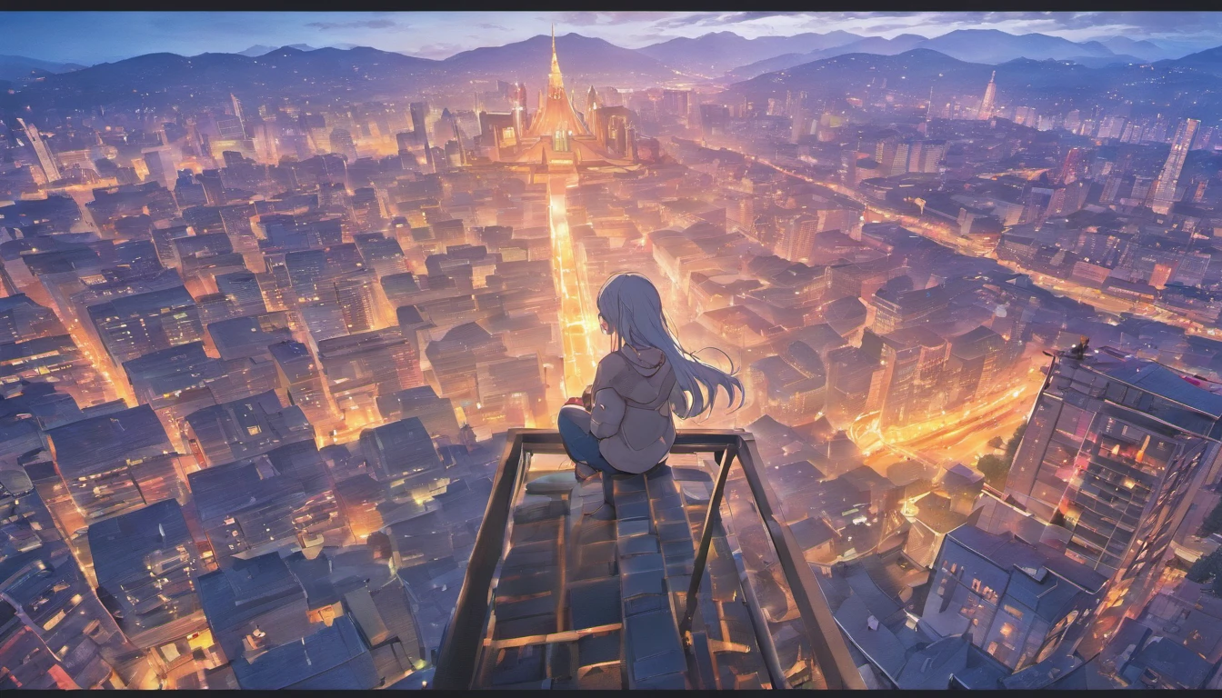 a girl meditating on top of a building,illustration,peaceful atmosphere,vibrant cityscape,highres,ultra-detailed,(realistic:1.37),warm color tones,soft sunlight,bird's eye view,serene expression,flowing hair,comfortable yoga clothes,subtle breeze,horizontal composition,modern architecture,tall skyscrapers,green rooftop gardens,expansive sky,relaxing environment,deep concentration,tranquil surroundings,calm and stillness,zen-like tranquility