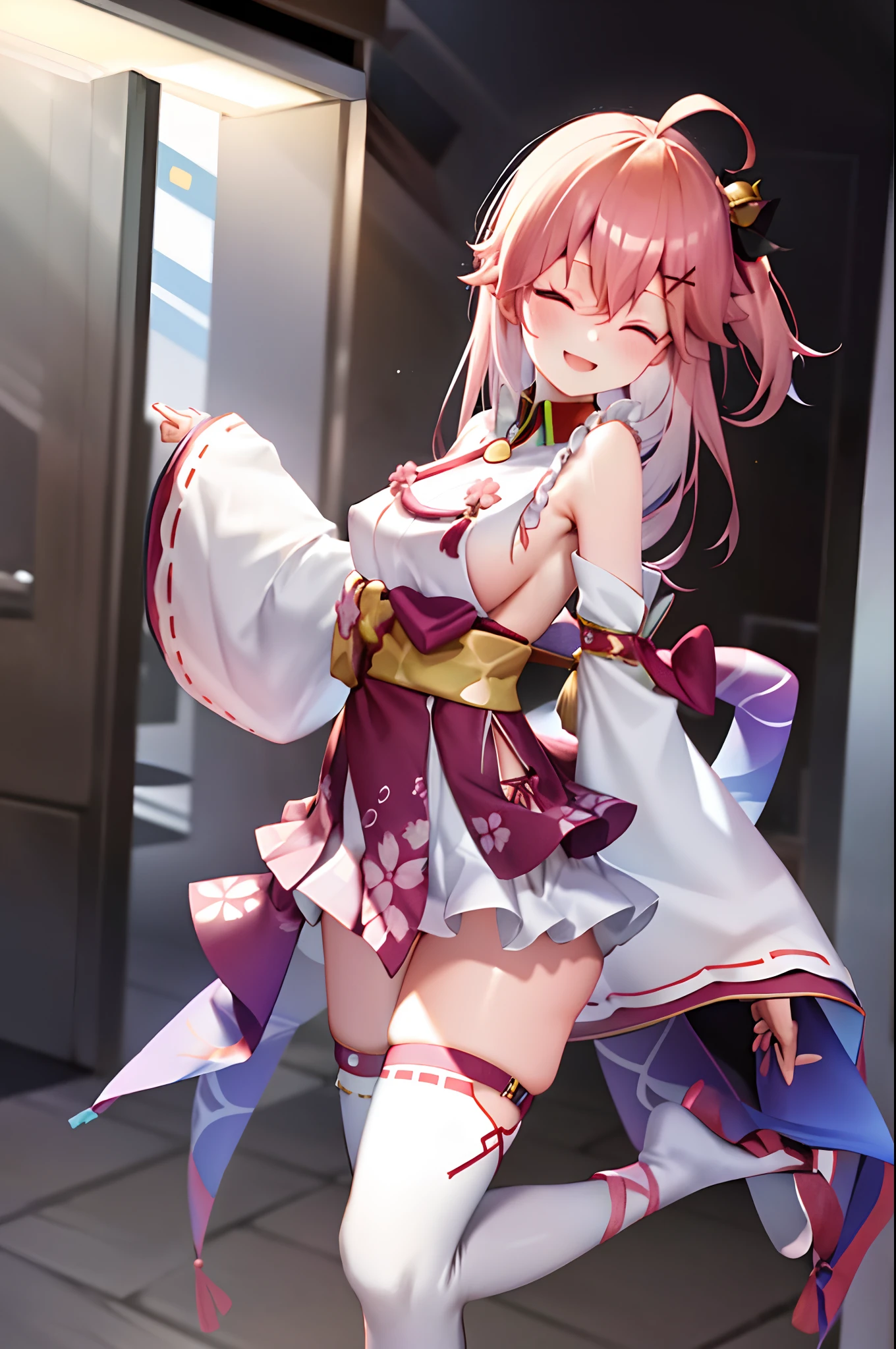 masterpiece, best quality, highres, miko1, sakura_miko, 1girl, big_boobs, solo, ahoge, x_hair_ornament, pink_hair, floral print, hairclip,(side_less_clothes:1.5), (side_boobs:1.5), hair_bell, floral print, long_hair, hair between eyes, one side up, white thighhighs, asymmetrical legwear, wide sleeves, open_mouth,(happy:1.3),close_eyes,big_smile,(raise_leg:1.3),plump,apart_legs,(overly_long_sleeves:1.3),),sleeves_past_wrists,hands_hidden_sleeves,sidelock_clothes,dynamic_posing,solo,hidden_wrists,(XD:1.4),covered_nipples,nsfw,