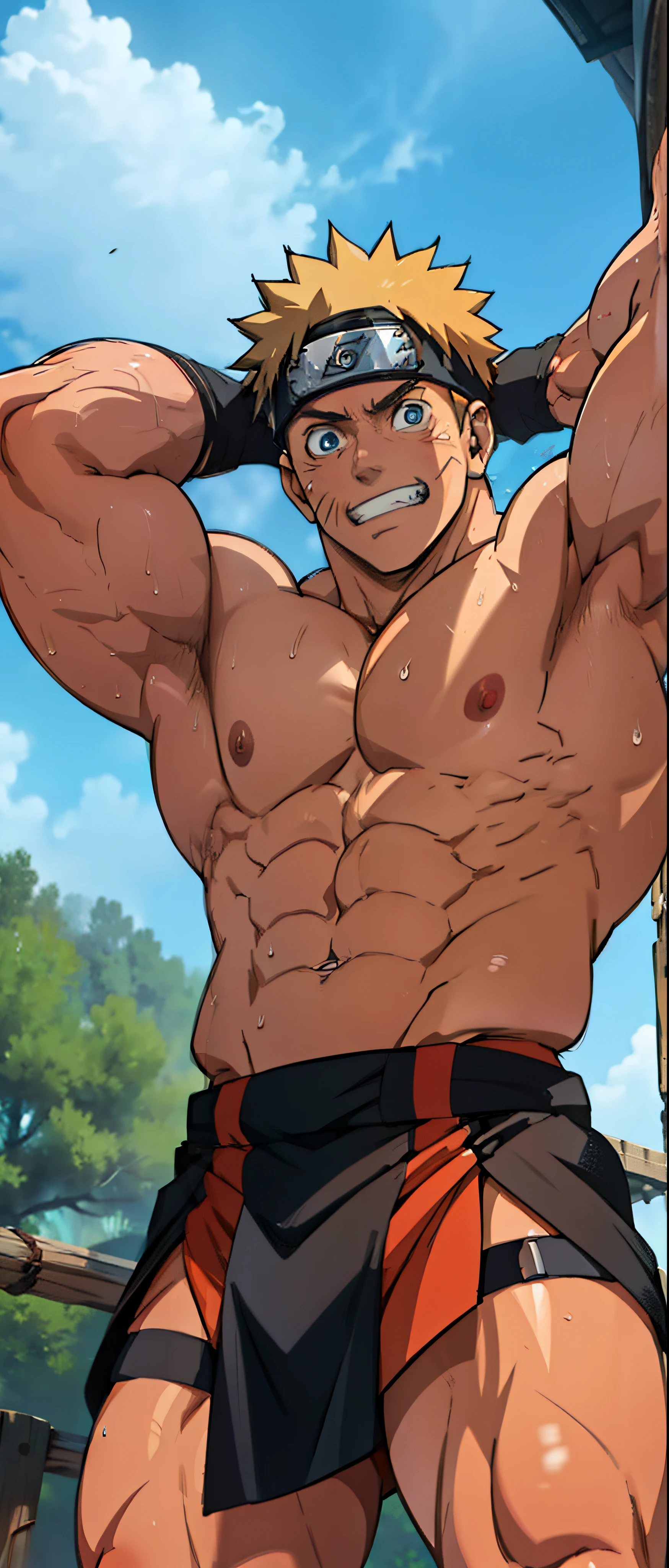 (muscular thigh muscles ) (photo angle from bottom up)(Drawings of Naruto anime) (photo angle from the ground upwards) [Anime photo][highest quality photo][4k,HD photo quality ] wear tight and short loincloths  ,the loincloth bulges due to the erect male genitals (muscular thigh muscles, firm thigh muscles, muscular thigh muscles, sinewy thigh muscles, giant thigh muscles, strong leg muscles, muscular hamstring leg muscles)(thigh muscles bulging as if about to explode, muscular, calloused, sinewy, giant) ,Uzumaki Naruto ,fun, happy,bodybuilder,bodybuilding, standing, red skin, pink skin, tanned skin,reddish brown skin, lots of sweat flowing down, topless, shirtless, hot sunny, (do not wear banners,do not wear headbands) blue eyes, 8 pack abs