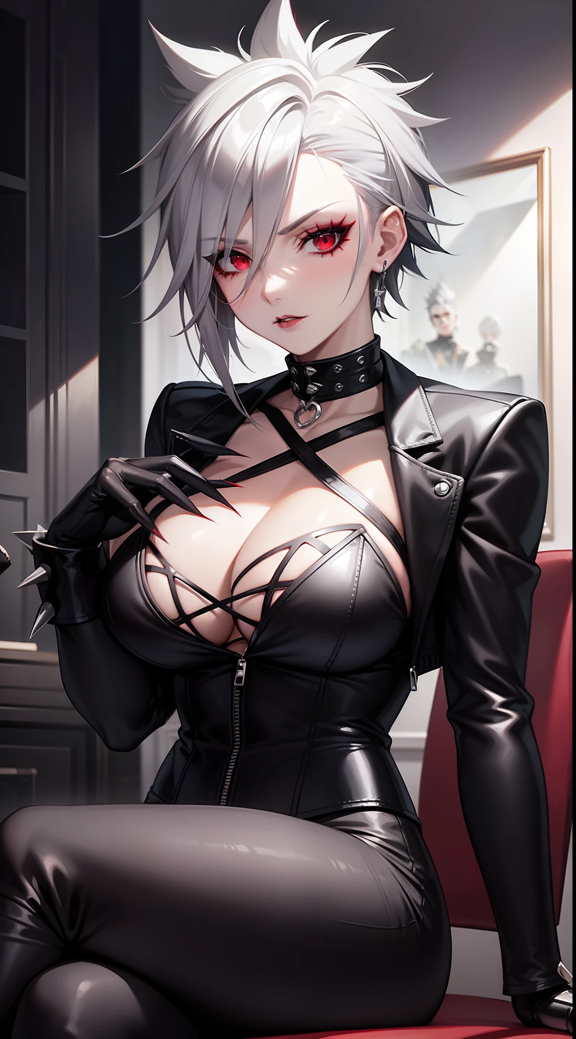 Adult woman, short gray hair, spiked hair, red eyes, black eye shadow, black lipstick, White aristocrat jacket, black tight pants, large breasts, musculature, claws, lock, sits on a chair, Masterpiece, hiquality, 4k, HD, Good detail