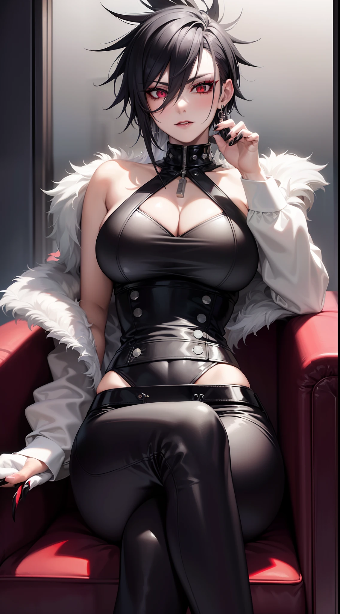 Adult woman, short gray hair, spiked hair, red eyes, black eye shadow, black lipstick, White aristocrat jacket, black tight pants, large breasts, musculature, claws, lock, sits on a chair, Masterpiece, hiquality, 4k, HD, Good detail