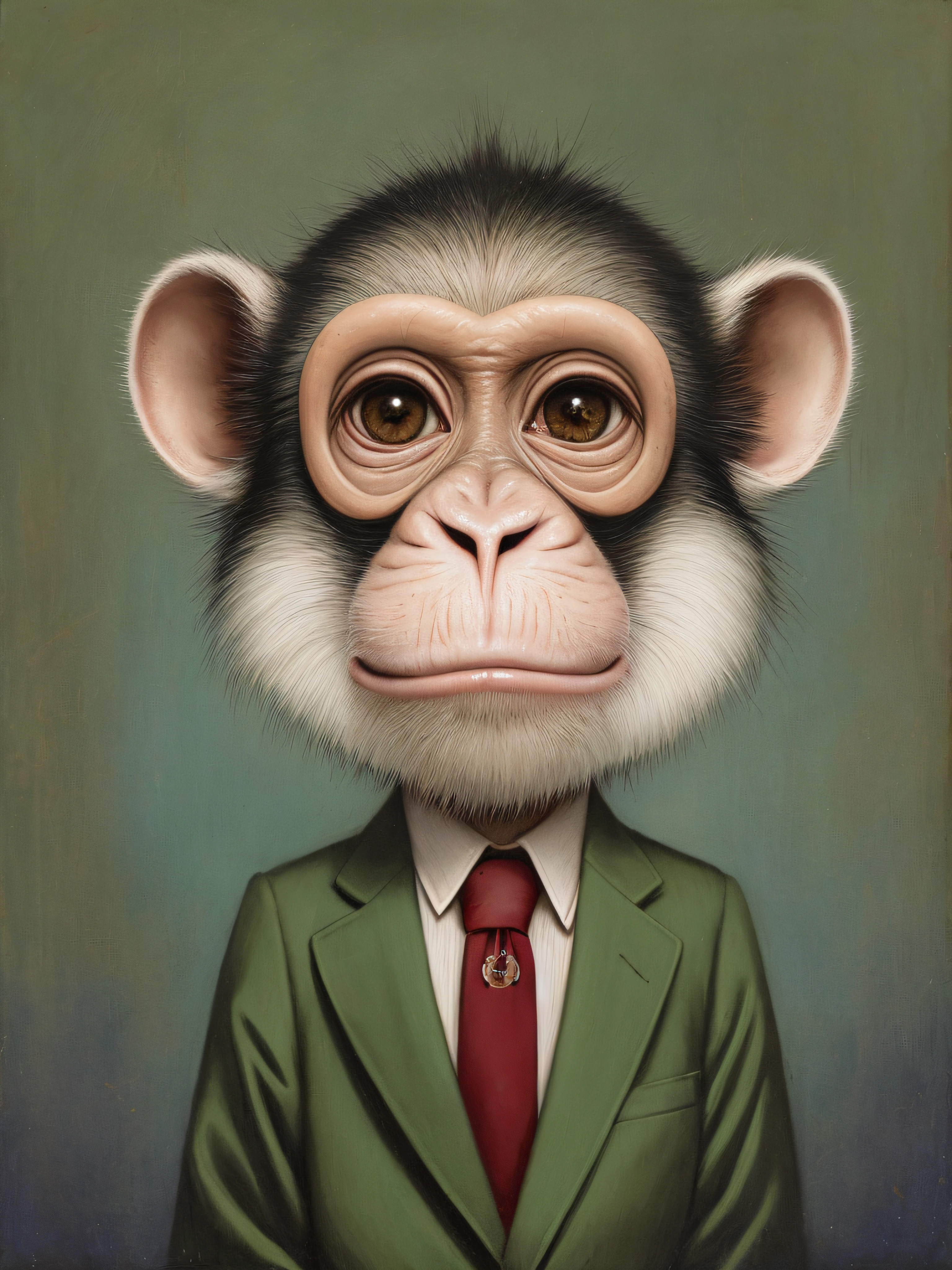 Pintura de un mono con esmoquin y pajarita, Monkey Head Animal Fusion, Anthropomorphic monkey,, Estilo Mark Ryden, Mark Ryden muy detallado, Mark Ryden en el estilo de, Estilo de Mark Ryden, Beautiful Anthropomorphic Monkey, por Mark Ryden, Surrealismo pop lowbrow
