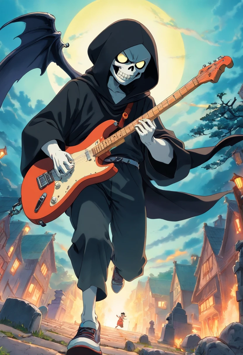 Still from a 1985 Japanese manga about a grim grim reaper is jumping and playing an electric guitar in the graveyard town with the spike chain around his neck with fisheye camera angle