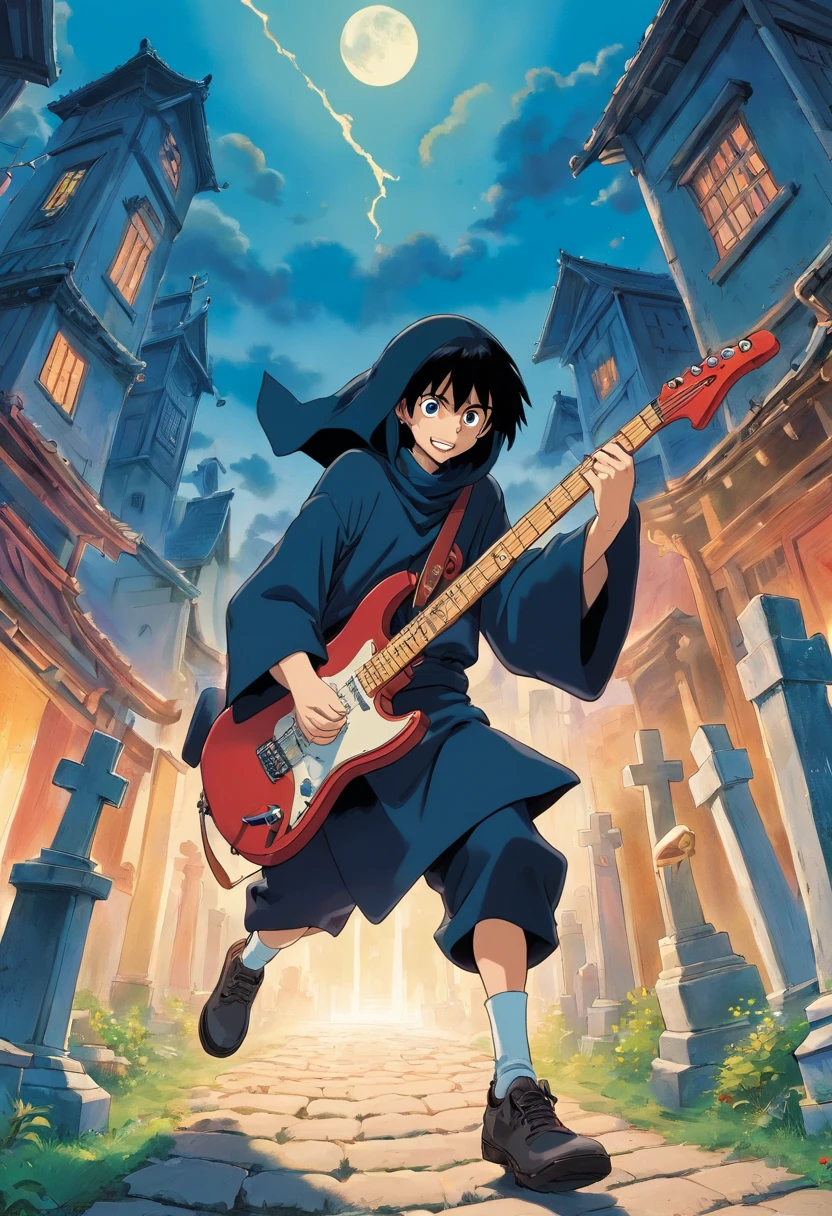 Still from a 1985 Japanese manga about a grim grim reaper is jumping and playing an electric guitar in the graveyard town with the spike chain around his neck with fisheye camera angle