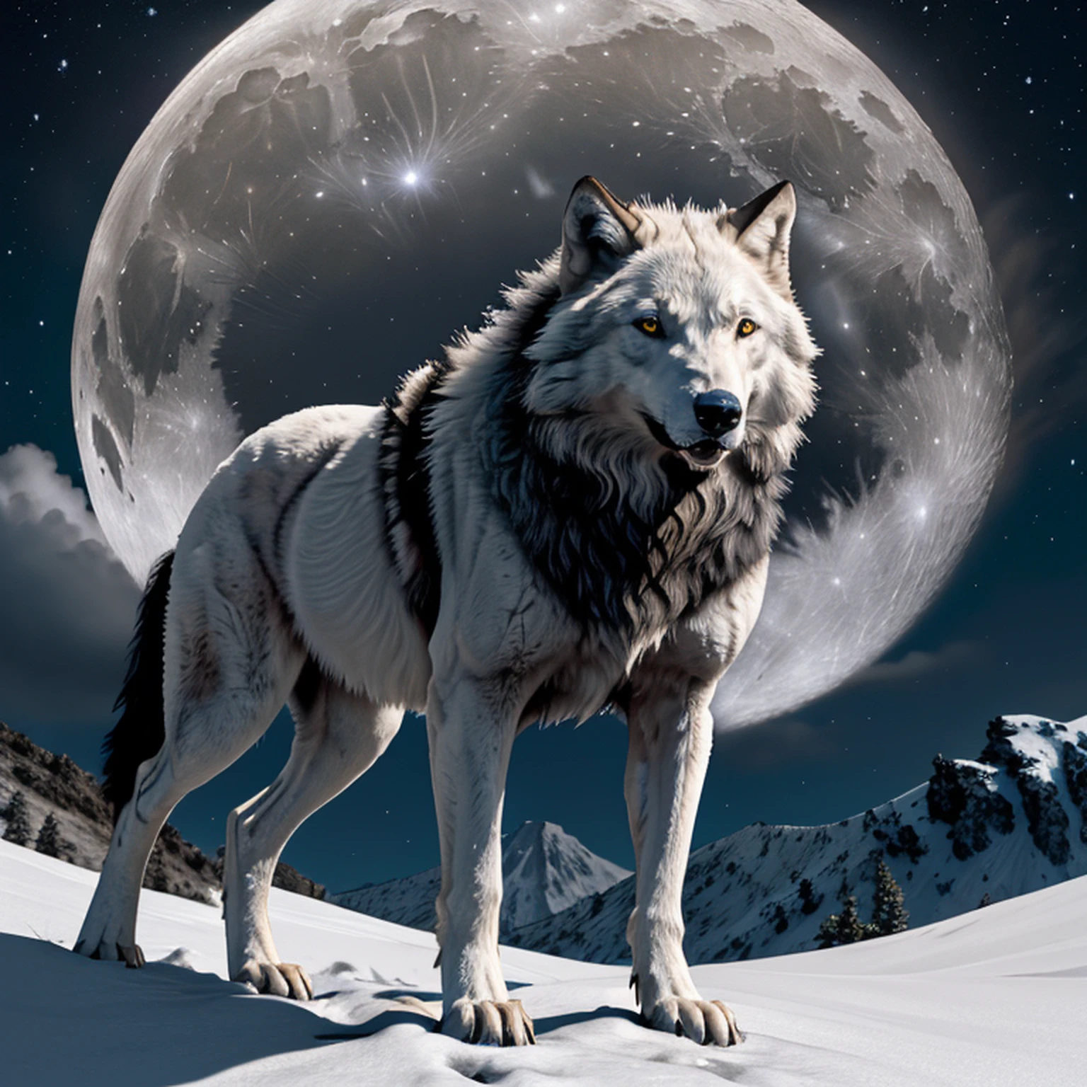 White wolf standing in front of a moon，Volcano ahead erupts with swirling magma，The sky is dark red，Far from the crater is infinite black，Na frente deste lobo branco, Countless black shadows in the form of a beast rushed towards him，This white wolf was not afraid, e seus olhos estavam firmes，Piscando com uma luz azul fraca，The overall picture is oppressive and majestic。