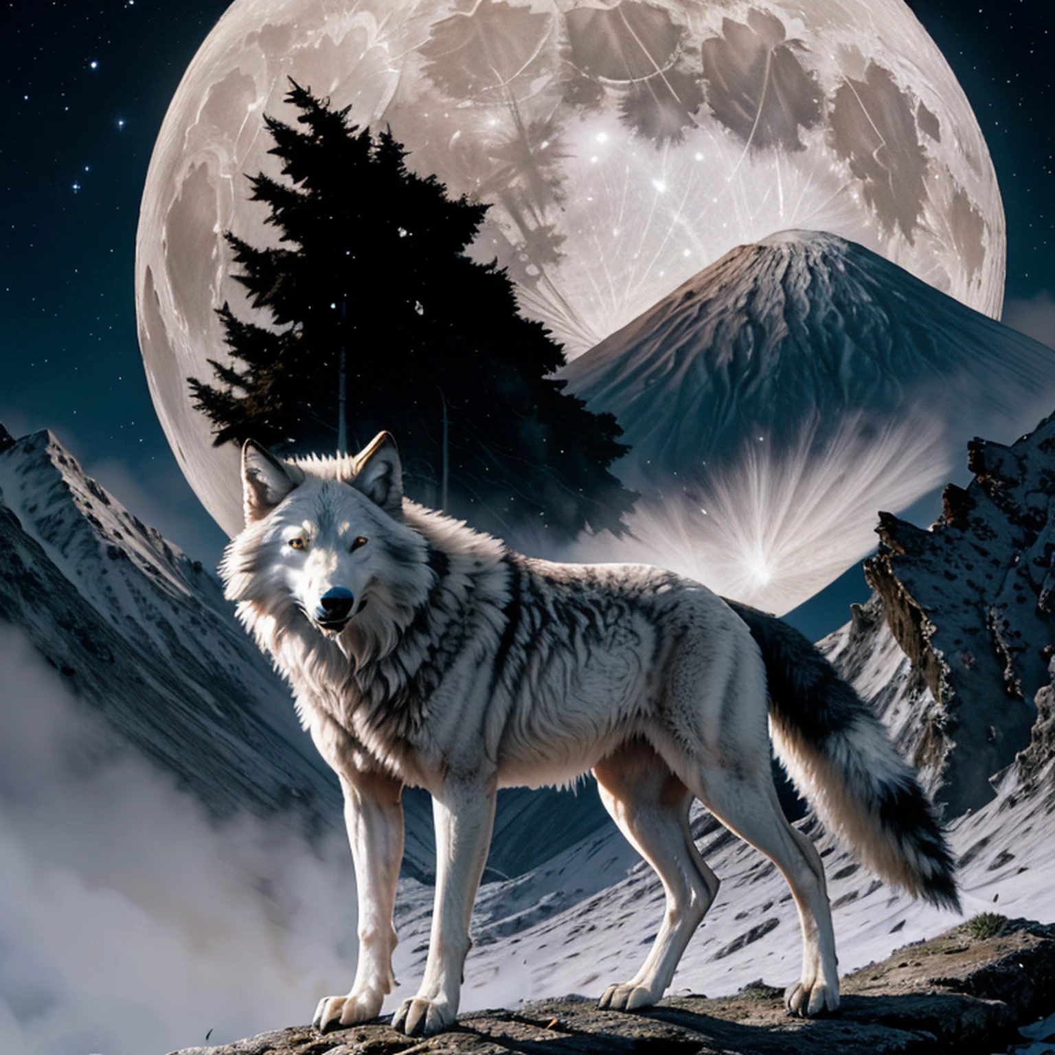 White wolf standing in front of a moon，Volcano ahead erupts with swirling magma，The sky is dark red，Far from the crater is infinite black，Na frente deste lobo branco, Countless black shadows in the form of a beast rushed towards him，This white wolf was not afraid, e seus olhos estavam firmes，Piscando com uma luz azul fraca，The overall picture is oppressive and majestic。