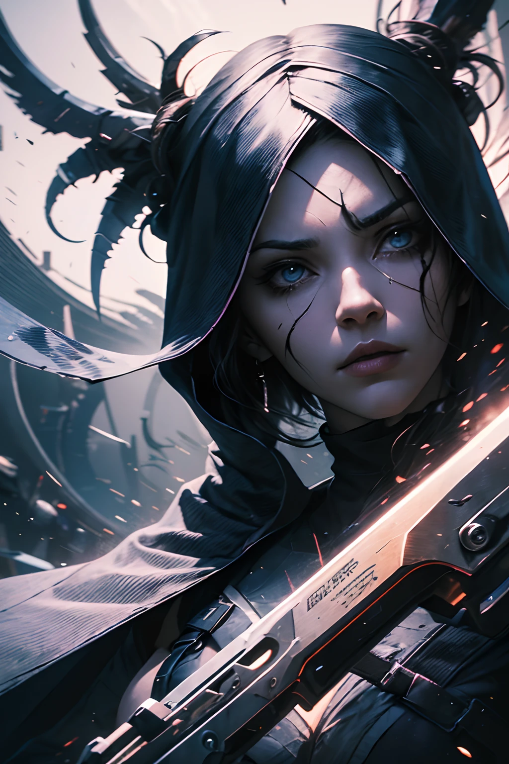 An enigmatic dark hero, cloaked in shadows and mystery, wielding a deadly weapon with an effortless grace and chilling precision.