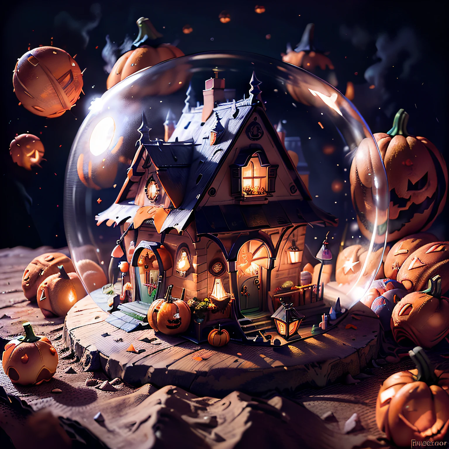 Mini\(Ttp\), (8k, RAW Photo, best quality, masterpiece:1.2), colored background, clean background, depth of field, Halloween house, Pumpkin, Ghosts, mist, ,Miniature, isometric, in Ball crystal,