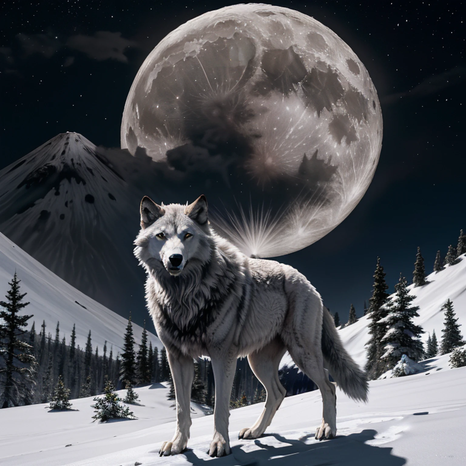 White wolf standing in front of a moon,Volcano ahead erupts with swirling magma,The sky is dark red,Far from the crater is infinite black,Na frente deste lobo branco, Countless black shadows in the form of a beast rushed towards him,This white wolf was not afraid, e seus olhos estavam firmes,Piscando com uma luz azul fraca,The overall picture is oppressive and majestic。