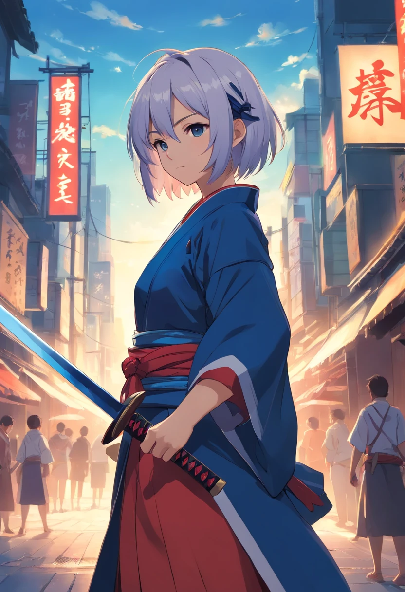 femele，Shogun，The appearance is dignified and majestic，height of one meter seven，Capable short white hair，Strong and sturdy body，Dressed in armor，holding a longsword，Half-body diagram