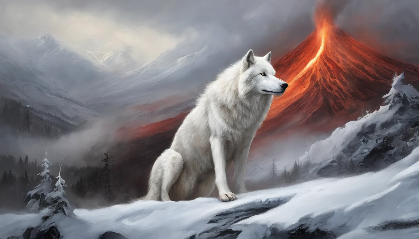 White wolf standing in front of volcano，The volcano ahead erupts with swirling magma，The sky is dark red，Away from the crater is endless black，In front of this white wolf, Countless beast-shaped black shadows rushed towards it，This white wolf was not afraid, And his eyes were firm，Flickering with a faint blue light，The big picture is oppressive and majestic。