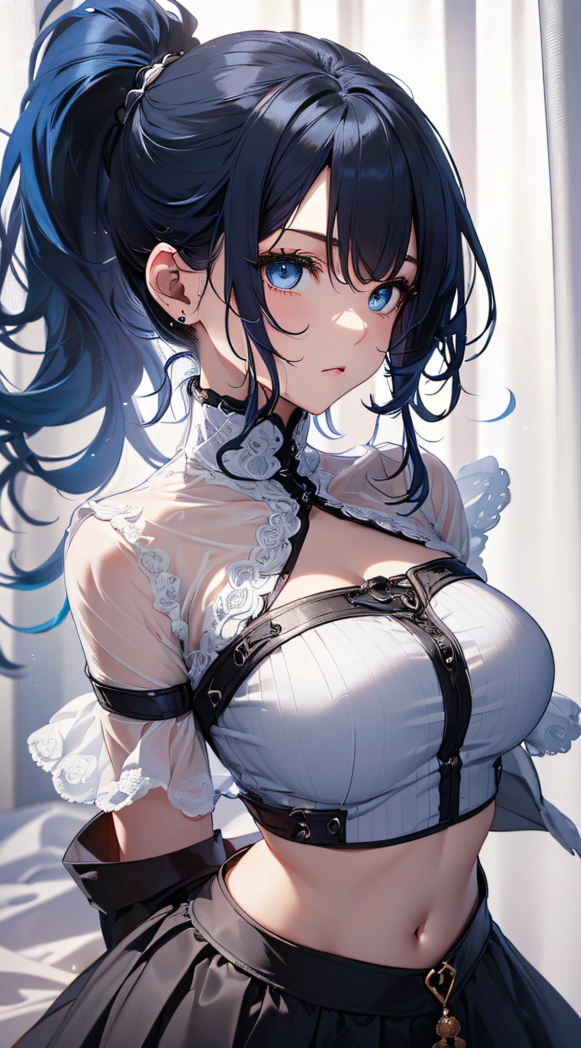 top-quality、Top image quality、​masterpiece、girl with((cute little、18year old、Best Bust、Medium bust、Bust 85,Beautiful blue eyes、Breasts wide open,Ponytail with black hair、A slender、Blue hair mesh、Beautiful white maid clothes、White short skirt、Laugh、posterior view、lean against the wall、low angles,Opening the curtains、Black underwear)）hiquality、Beautiful Art、Background with((Large White Room、White lighting,White curtains are fluttering)),masutepiece、Elaborate design、visualart、depth of fields、The best lighting、highestdetailed、8ｋ