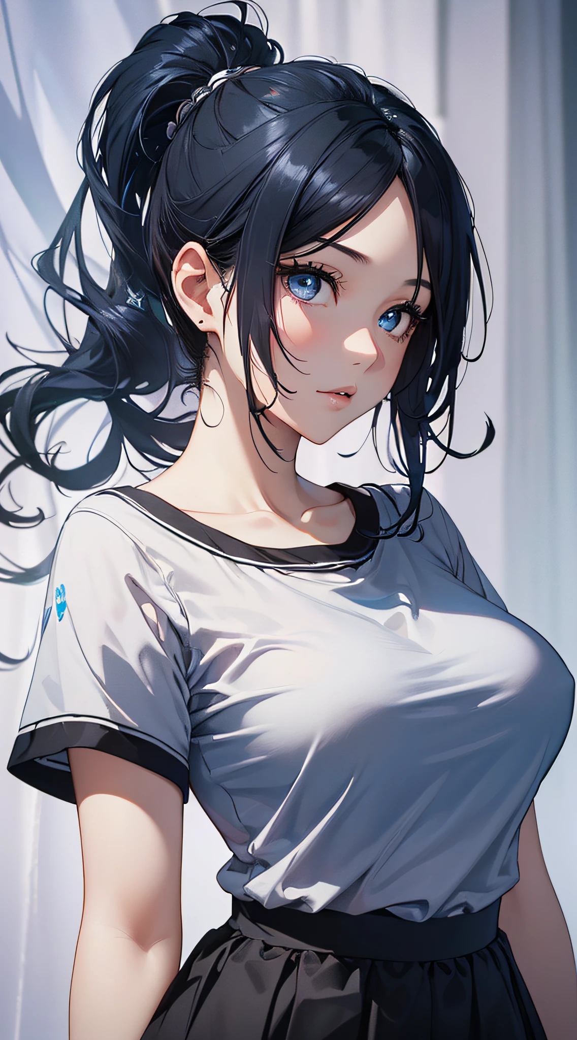 top-quality、Top image quality、​masterpiece、girl with((cute little、18year old、Best Bust、Medium bust、Bust 85,Beautiful blue eyes、Breasts wide open,Ponytail with black hair、A slender、Blue hair mesh、Beautiful black pitchley t-shirt、Beautiful black short skirt,)）hiquality、Beautiful Art、Background with((Large White Room、White curtains、White lighting)),masutepiece、Elaborate design、visualart、depth of fields、The best lighting、highestdetailed、8ｋ