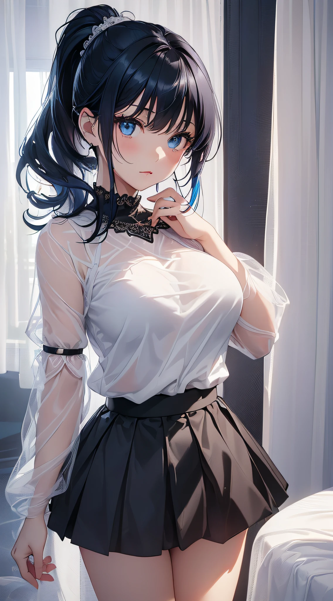top-quality、Top image quality、masterpiece、girl with((cute little、18year old、Best Bust、Medium bust、Bust 85,Beautiful blue eyes、Breasts wide open,Ponytail with black hair、A slender、Blue hair mesh、Beautiful black pitchley t-shirt、Beautiful black short skirt,))hiquality、Beautiful Art、Background with((Large White Room、White curtains、White lighting)),masutepiece、Elaborate design、visualart、depth of fields、The best lighting、highestdetailed、8k