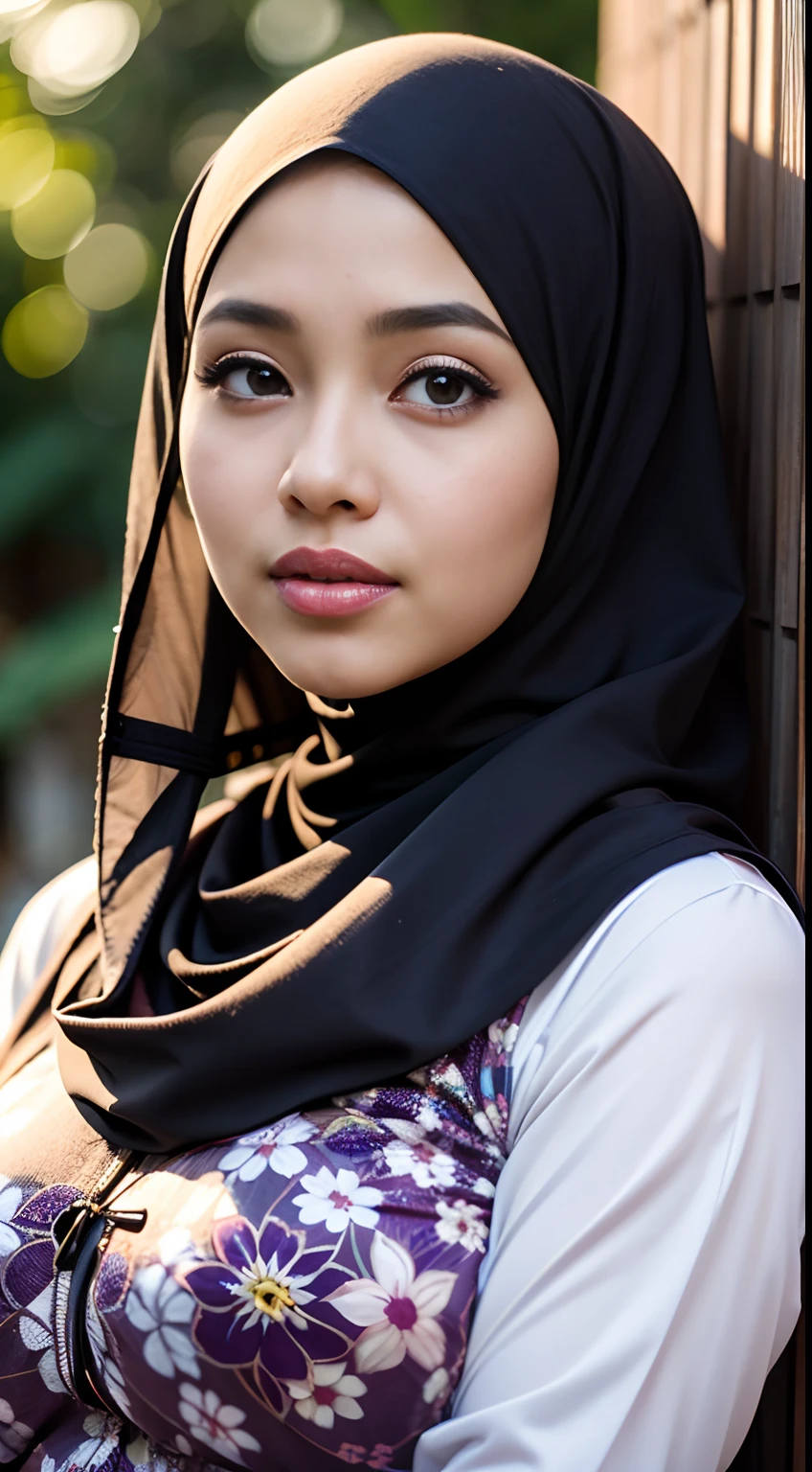 1 malay girl , modern plain hijab,  shy, medium portrait shot , watery  eyes ,droopy eyes, watery, lip glossy, sad face, ((big breast)), wear (hijab, long thick jubba thobbe),, dynamic pose, dynamic angle, , (big breast) , flower garden background, bokeh background, proportional body,