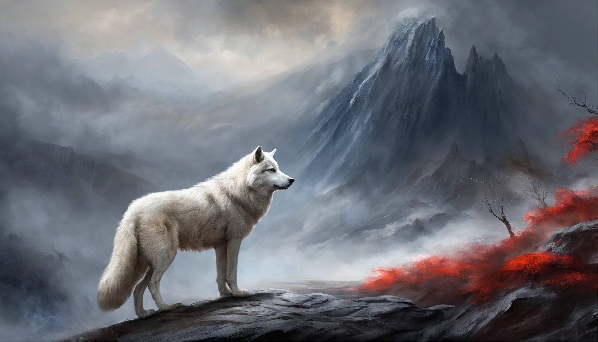 White wolf standing in front of volcano,The volcano ahead erupts with swirling magma,The sky is dark red,Away from the crater is endless black,In front of this white wolf, Countless beast-shaped black shadows rushed towards it,This white wolf was not afraid, And his eyes were firm,Flickering with a faint blue light,The big picture is oppressive and majestic。