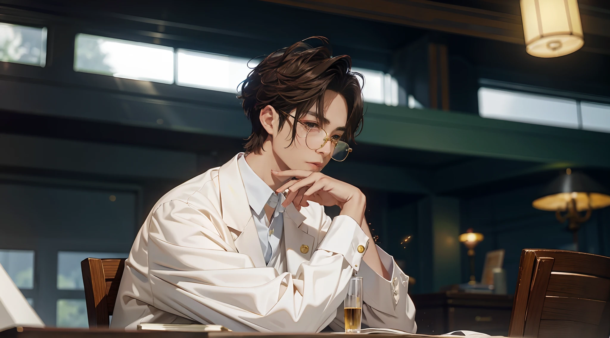 There was a doctor wearing gold-framed glasses sitting at his desk。, Delicate face,Black-brown hair color,Pure desire,juvenile sense,A male god,Pondering,xqc, heise jinyao, profile picture 1024px, jungkook, Kim Tae-joon, hyung tae, Shin Jinying, young wan angel, steven jung, smooth in _ Background with, brown tanned skin, jaeyeon nam,