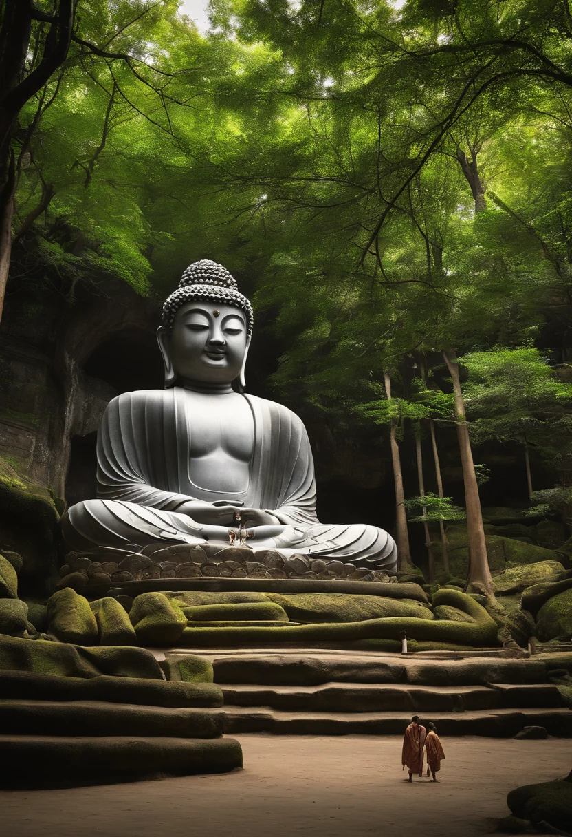 Huge stone Buddha statue，There are steps leading to it, Devout people。Zen temples