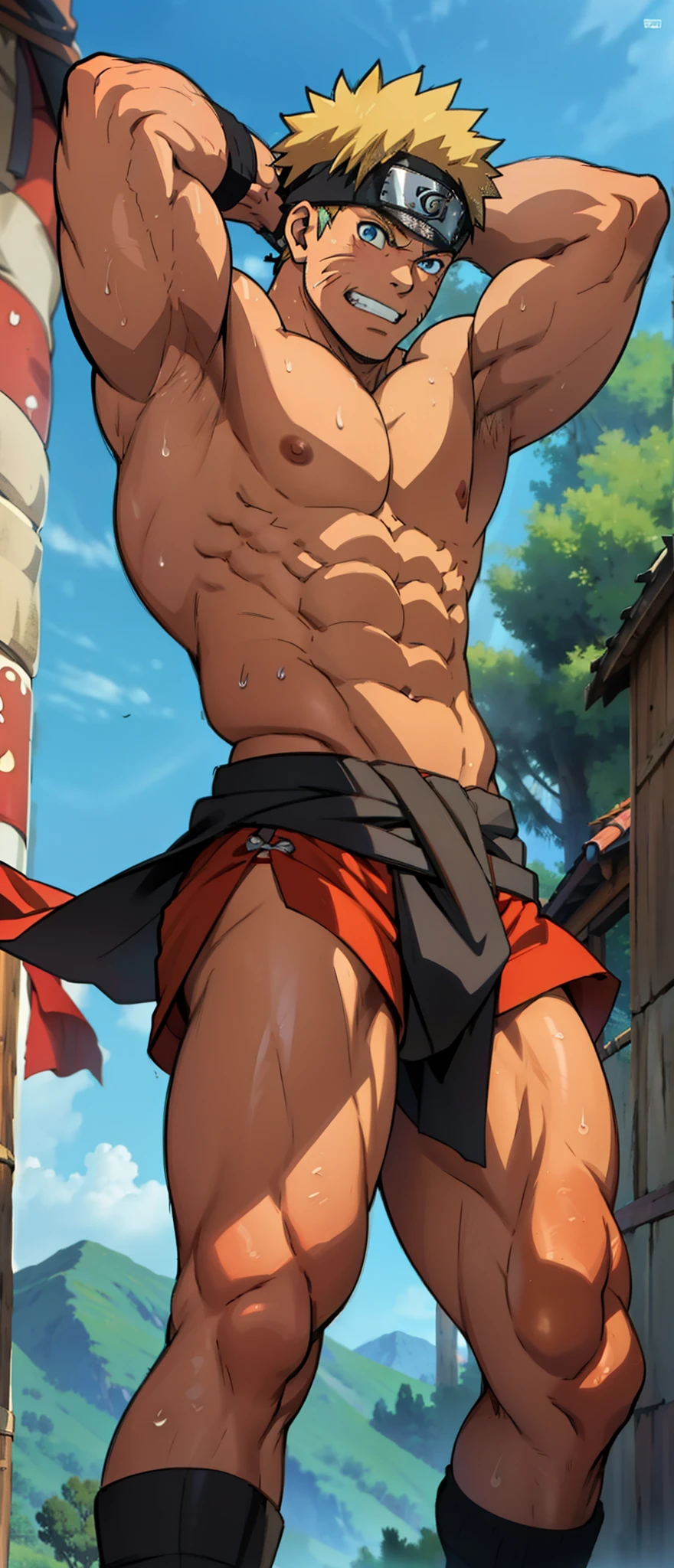 red skin, tanned skin,reddish brown skin(muscular thigh muscles ) (photo angle from bottom up)(Drawings of Naruto anime) (photo angle from the ground upwards) [Anime photo][highest quality photo][4k,HD photo quality ] wear tight and short loincloths  ,the loincloth bulges due to the erect male genitals (muscular thigh muscles, firm thigh muscles, muscular thigh muscles, sinewy thigh muscles, giant thigh muscles, strong leg muscles, muscular hamstring leg muscles)(thigh muscles bulging as if about to explode, muscular, calloused, sinewy, giant) ,Uzumaki Naruto ,fun, happy,bodybuilder,bodybuilding, standing, lots of sweat flowing down, topless, shirtless, hot sunny, (do not wear banners,do not wear headbands) blue eyes, 8 pack abs  , short hair