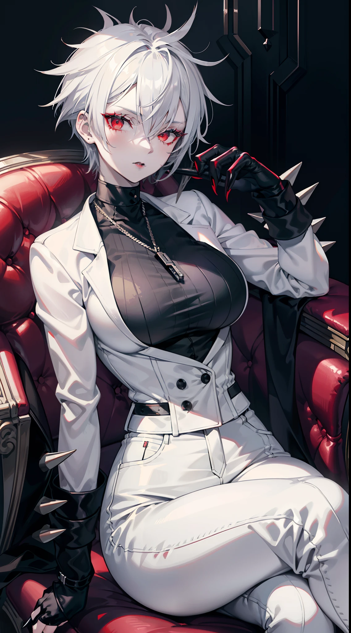 A woman with short white hair, spiked hairstyle, red eyes, black eyeshadow, black lipstick, white aristocratic jacket, black tight pants, small breasts, muscular, claws, rock, sitting on a chair, masterpiece, best quality, 4k, highres, ultra-detailed