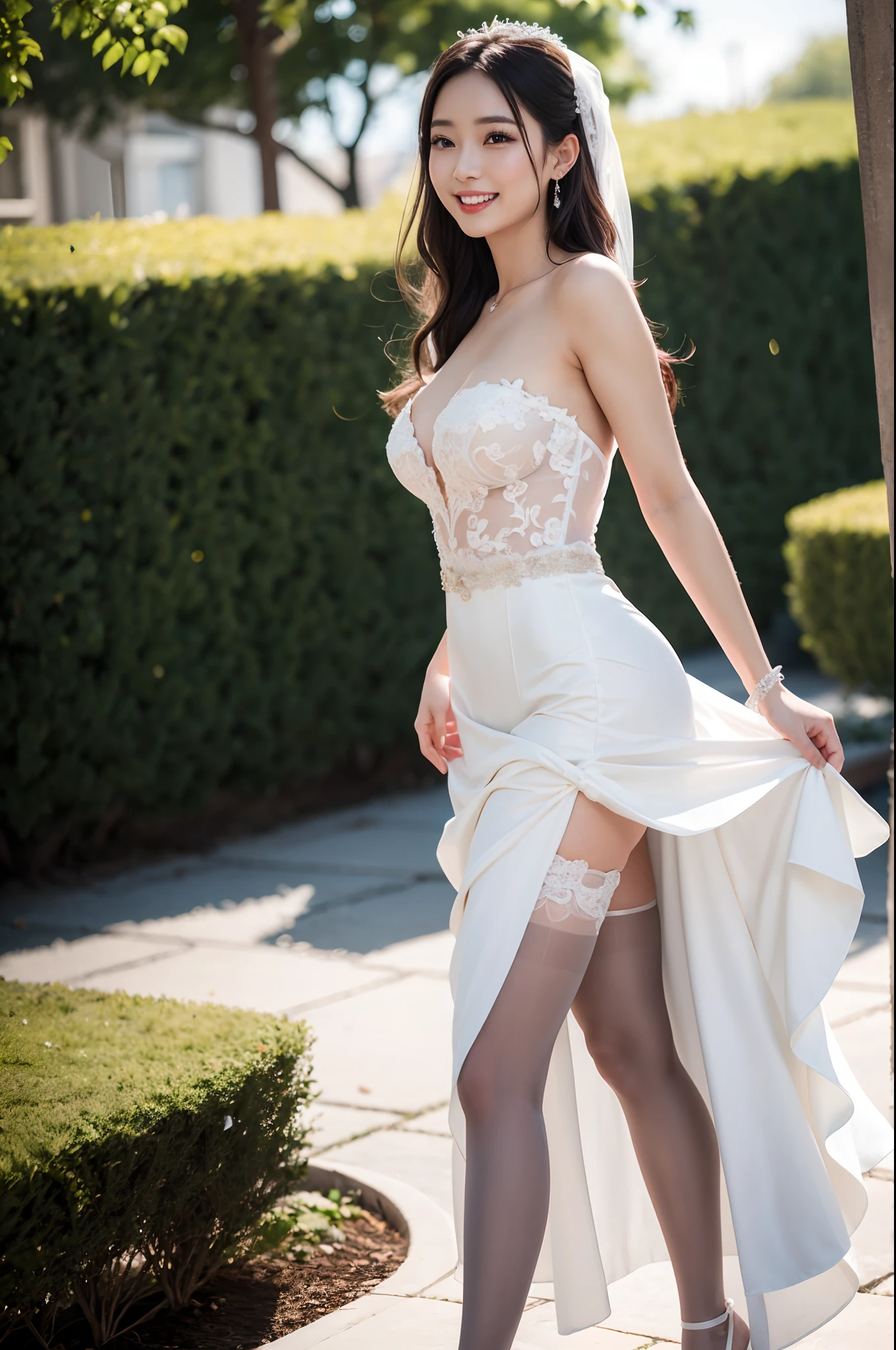 Very beautiful bride、wearing a wedding dress、jaw-dropping beauty、Walking in the garden、Wearing ultra-realistic pantyhose、Smile of shame、green lighting、4K, 8K, Background blur, Colorful, Vivid colors, shinny skin、Exposed thighs!!!、Colorful, Vivid colors, shinny skin、turned around、Exposed thighs!!!、NSFW、