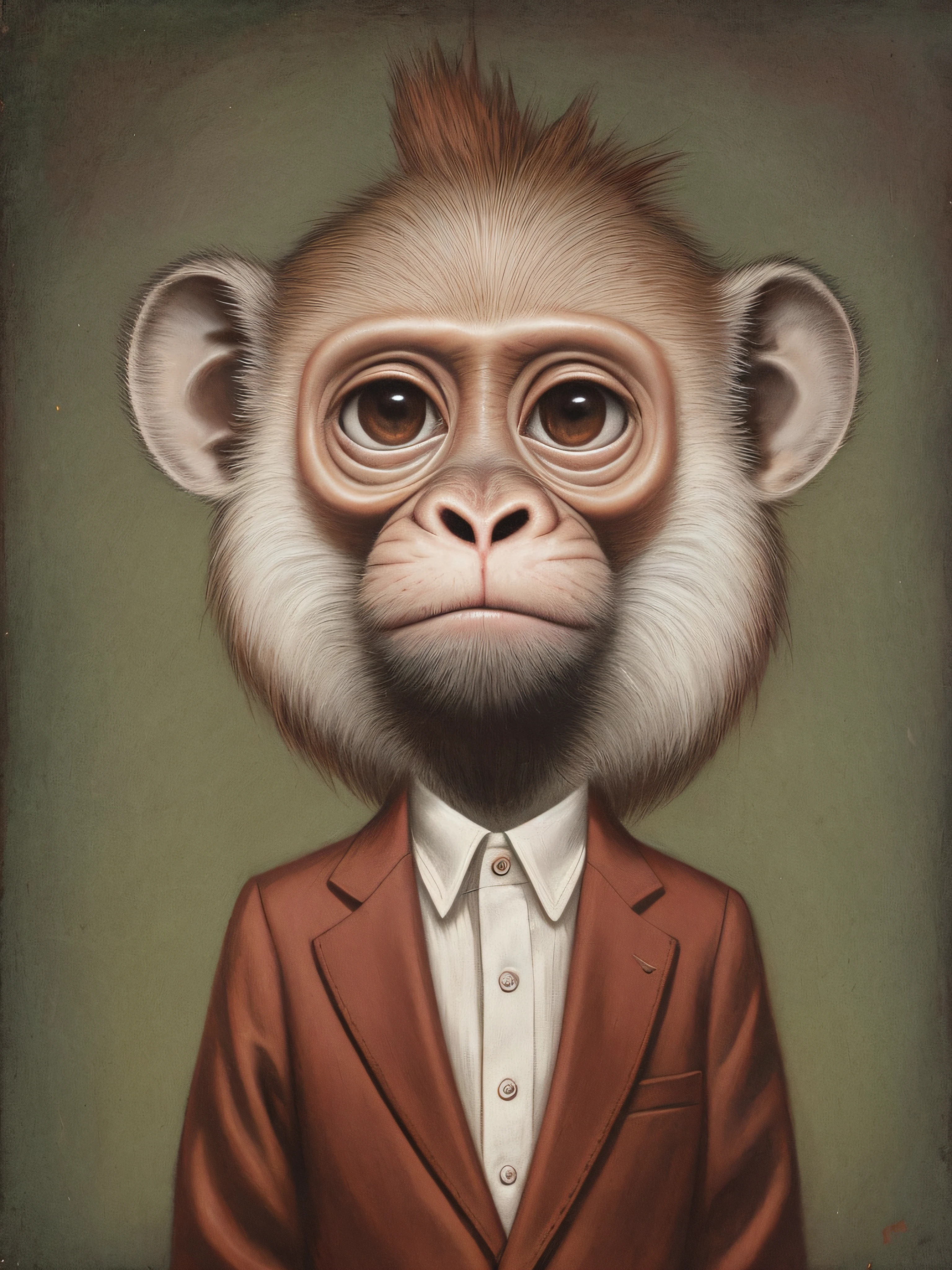 Pintura de un mono con esmoquin y pajarita, Monkey Head Animal Fusion, Anthropomorphic monkey,, Estilo Mark Ryden, Mark Ryden muy detallado, Mark Ryden en el estilo de, Mark Ryden's Estilo, Beautiful Anthropomorphic Monkey, por Mark Ryden, Surrealismo pop lowbrow
