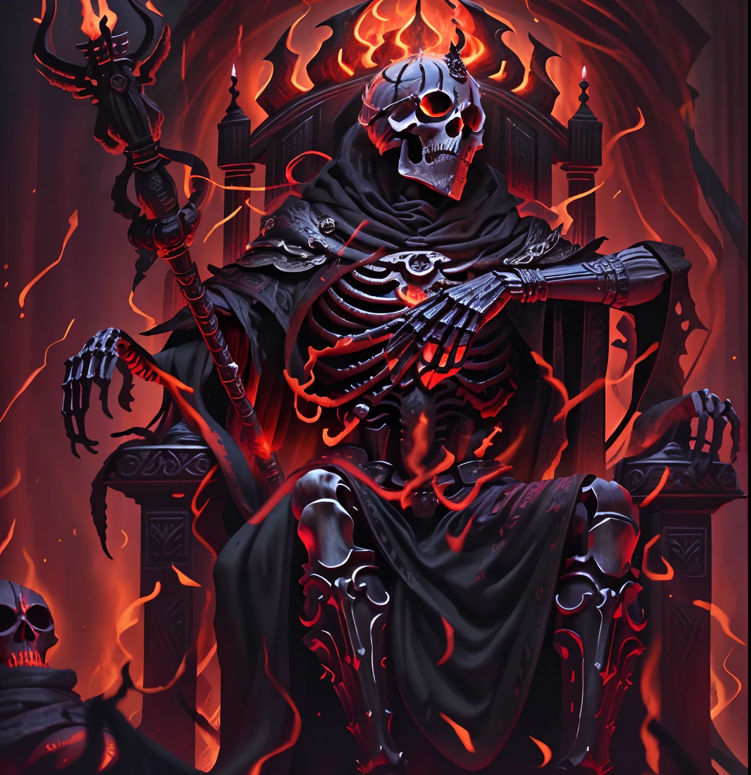 arafed skeleton sitting on a throne with a glowing red light, lord of cinder, lord from hell on the throne, king of time reaper, amazing d & d dark sun art, 4k fantasy art, beautiful male god of death, skeleton warrior, epic fantasy digital art style, skeleton king, ruler of inferno, sitting on obsidian throne