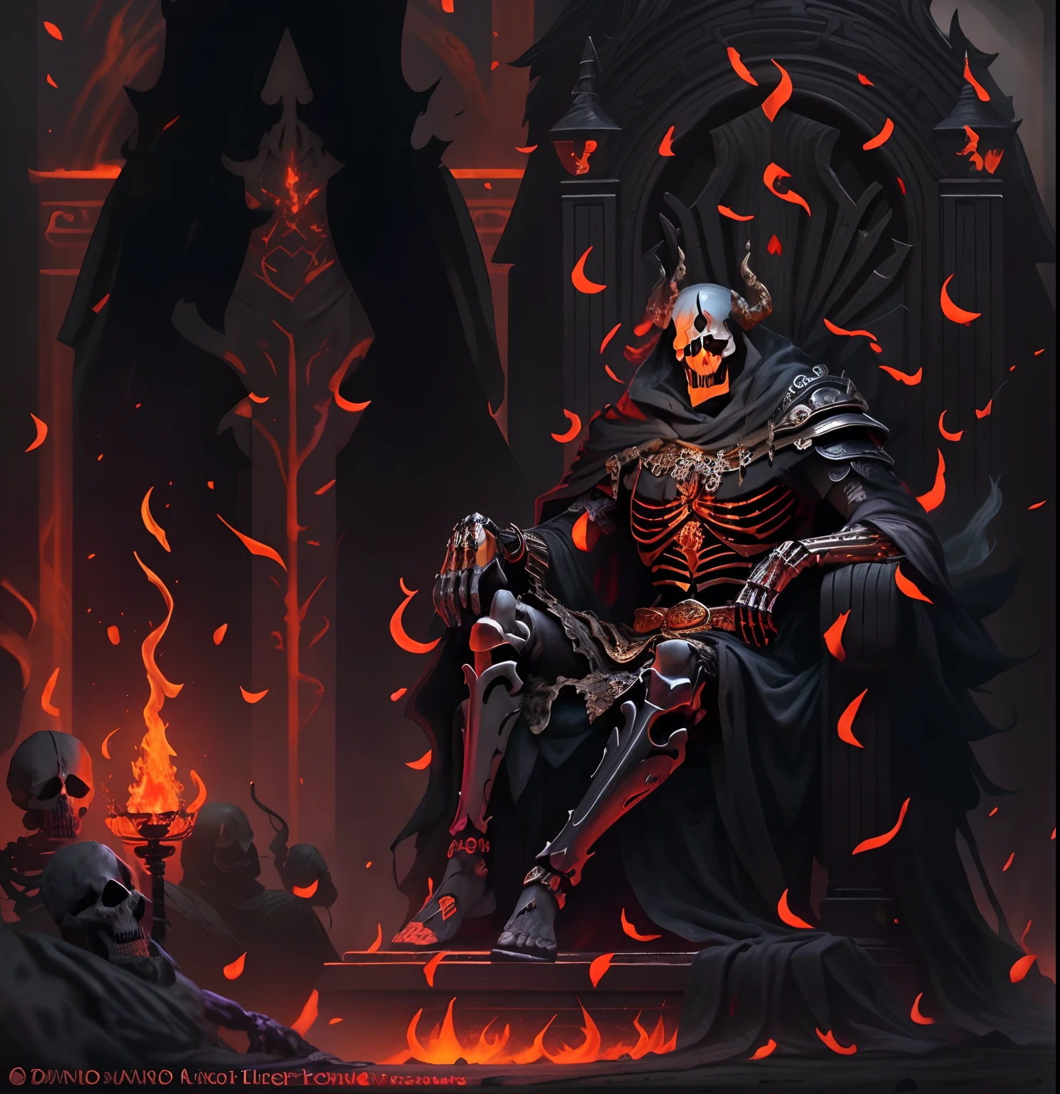 arafed skeleton sitting on a throne with a glowing red light, lord of cinder, lord from hell on the throne, king of time reaper, amazing d & d dark sun art, 4k fantasy art, beautiful male god of death, skeleton warrior, epic fantasy digital art style, skeleton king, ruler of inferno, sitting on obsidian throne