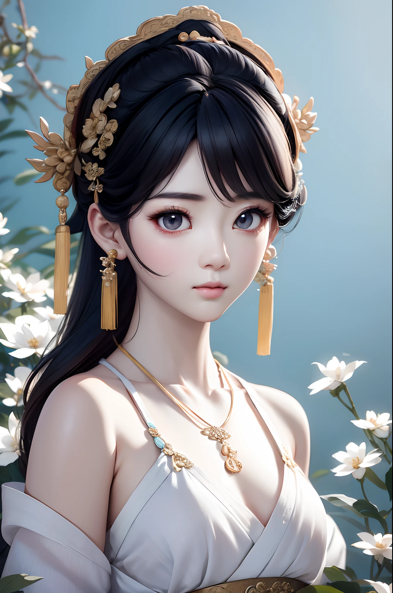Close-up of a woman wearing a light blue slip dress necklace, Chinese style, Chinese girl, Beautiful character painting, Guviz-style artwork, Palace , A girl in Hanfu, Beautiful rendering of the Tang Dynasty, Realistic anime 3 D style, trending on cgstation, 8K high quality detailed art, Princesa chinesa antiga, Chinese woman, Guviz