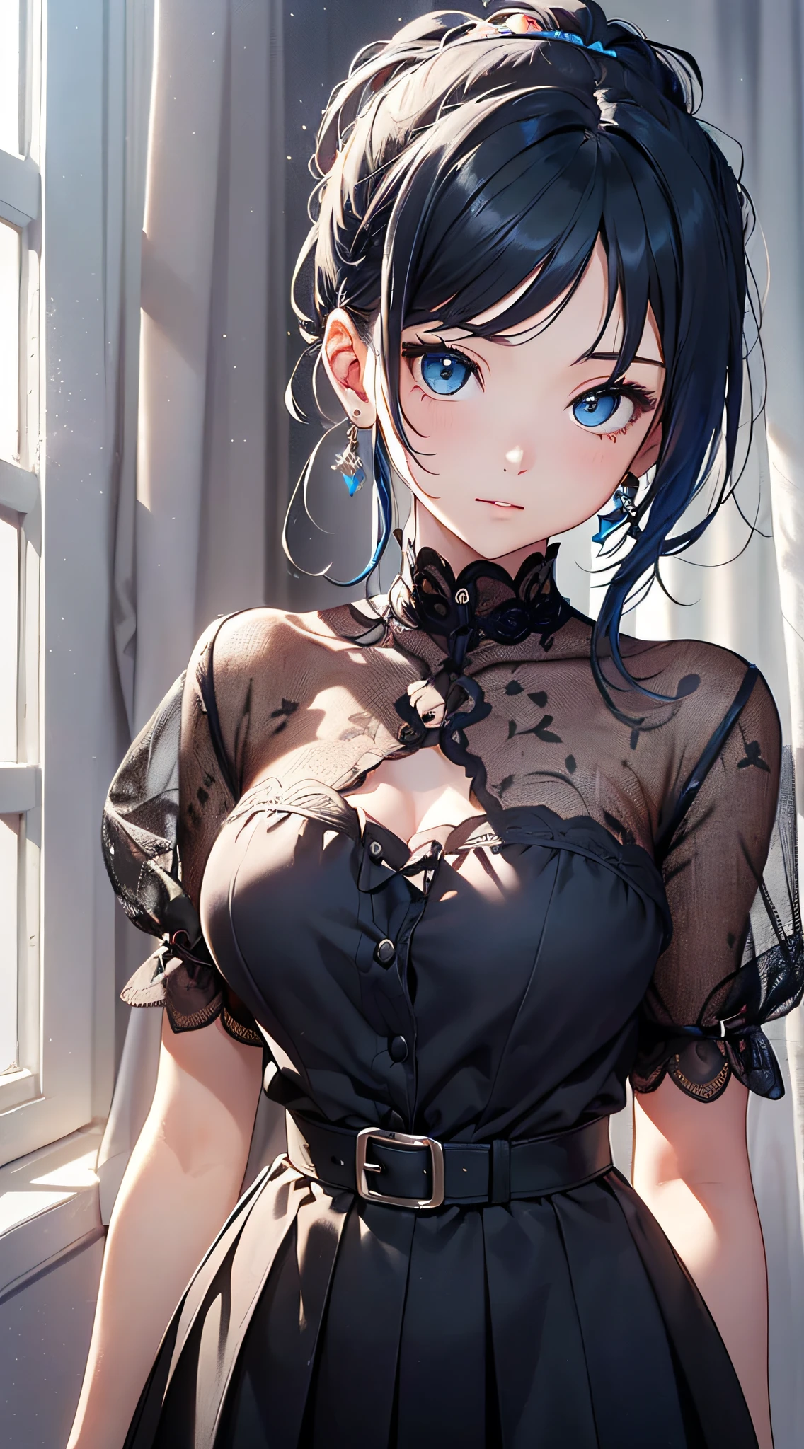 top-quality、Top image quality、​masterpiece、girl with((cute little、18year old、Best Bust、Medium bust、Bust 85,Beautiful blue eyes、Breasts wide open,Ponytail with black hair、A slender、Blue hair mesh、Beautiful black pitchley t-shirt、Beautiful black short skirt,)）hiquality、Beautiful Art、Background with((Large White Room、White curtains、White lighting)),masutepiece、Elaborate design、visualart、depth of fields、The best lighting、highestdetailed、8ｋ