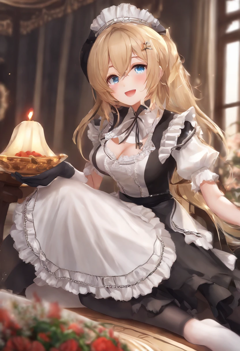 yoimiya \(genshin impact\), 1girl, ((black stockings)), Ultra Detailed, Perfect, immaculate, clean, Masterpiece, Beautiful, Slim, Cute, a goddess, stay by the table, blonde long hair, upskirt, (turn around), lifting skirt, (((maid clothing))), (ahegao face), lifting skirt, open mouth