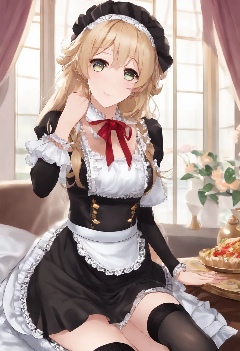 yoimiya \(genshin impact\), 1girl, ((black stockings)), Ultra Detailed, Perfect, immaculate, clean, Masterpiece, Beautiful, Slim, Cute, a goddess, stay by the table, blonde long hair, upskirt, (turn around), lifting skirt, (((maid clothing))), (ahegao face), lifting skirt, open mouth