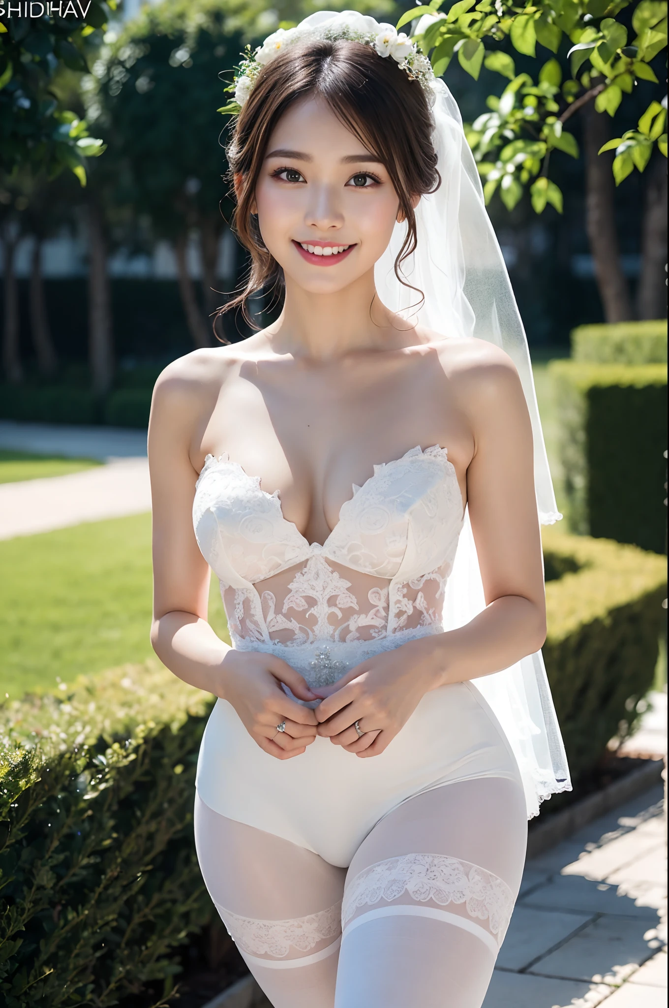 Very beautiful bride、wearing a wedding dress、jaw-dropping beauty、Walking in the garden、Wear ultra-realistic white pantyhose、Smile of shame、green lighting、4K, 8K, Background blur, Colorful, Vivid colors, shinny skin、Exposed thighs!!!、Colorful, Vivid colors, shinny skin、turned around、Exposed thighs!!!、NSFW、