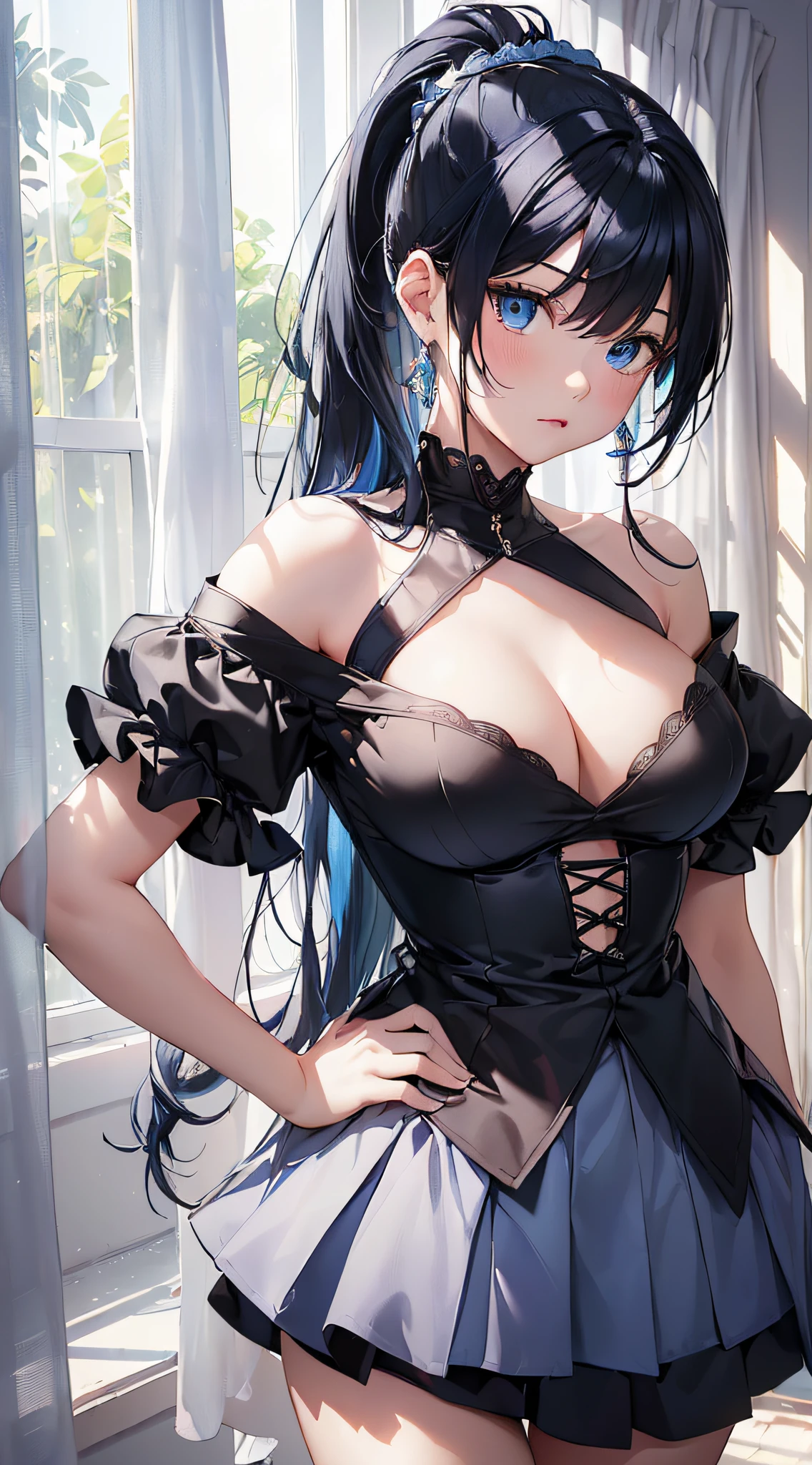 top-quality、Top image quality、masterpiece、girl with((cute little、18year old、Best Bust、Medium bust、Bust 85,Beautiful blue eyes、Breasts wide open,Ponytail with black hair、A slender、Blue hair mesh、Beautiful black pitchley t-shirt、Beautiful black short skirt,))hiquality、Beautiful Art、Background with((Large White Room、White curtains、White lighting)),masutepiece、Elaborate design、visualart、depth of fields、The best lighting、highestdetailed、8k