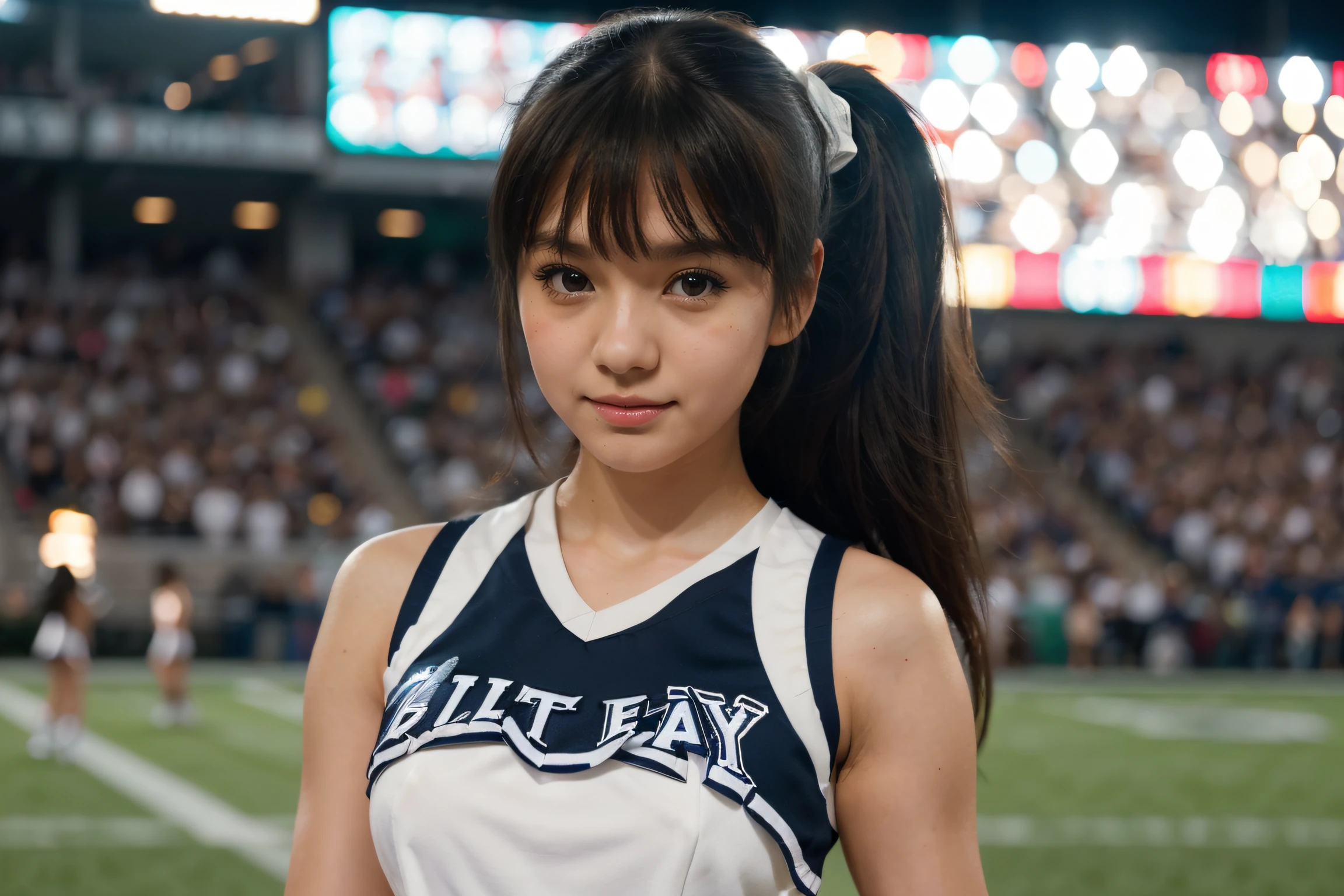 cheerleader,little smile,cheer leading,cheerleader uniform,(((masterpiece))), (((best quality))), ((ultra-detailed)), (illustration), ((an extremely delicate and beautiful)),(bokeh,blurry background),(best shadow), 1girl,white panties, black hair, long hair, kawaii,cute,loli, shine Highlight Spot on eyes, character focus,head tilt,
