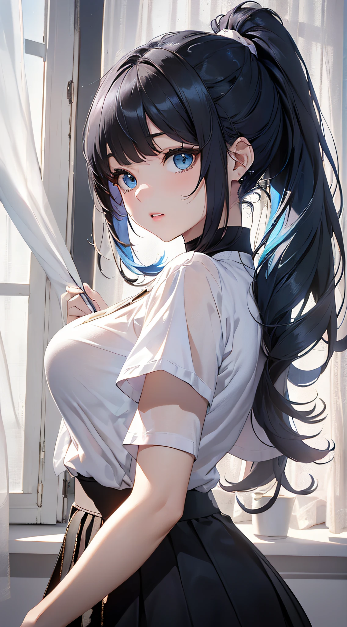 top-quality、Top image quality、​masterpiece、girl with((cute little、18year old、Best Bust、Medium bust、Bust 85,Beautiful blue eyes、Breasts wide open,Ponytail with black hair、A slender、Blue hair mesh、Beautiful black pitchley t-shirt、Beautiful black short skirt,)）hiquality、Beautiful Art、Background with((Large White Room、White curtains、White lighting)),masutepiece、Elaborate design、visualart、depth of fields、The best lighting、highestdetailed、8ｋ