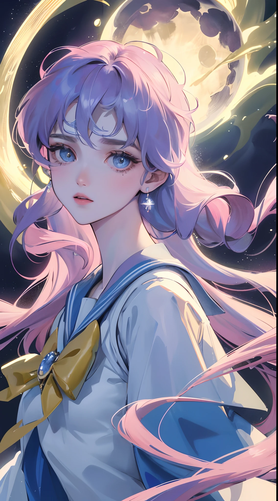 the sailor moon，Ice Water Moon，conservativelydressed，Brilliant colors，mystical ambiance，Pop，Hyper-Resolution，accuracy，detail render，（Delicate facial portrayal）（Fine hair depiction）（highest  quality）（Master masterpieces）（High degree of completion）（a sense of atmosphere）tmasterpiece，ultra - detailed（half-body portrait）