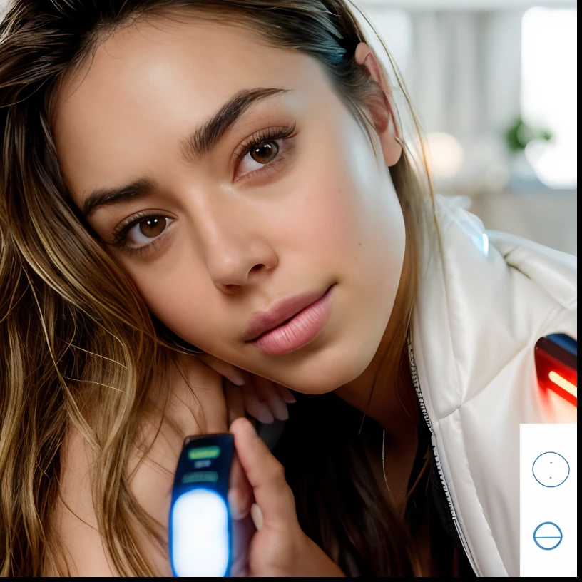 a close up of a woman laying on a bed with a remote control, chloe bennet, ana de armas, gorgeous attractive face, no makeup wavy hair, she is facing the camera, gorgeous latina face, ellie victoria gale, sexy face, ana de armas portrait, without makeup, she has a glow coming from her, profile pic, aubrey plaza, amber