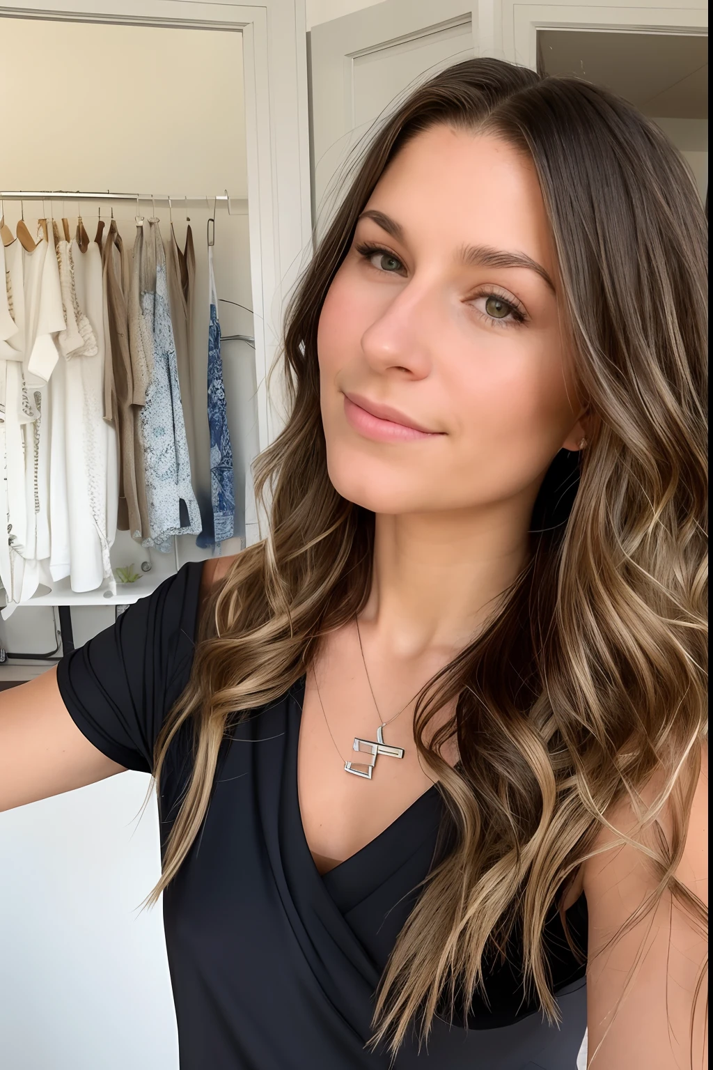 arafed woman with long hair and a necklace taking a selfie, brunette with dyed blonde hair, headshot profile picture, profile image, no makeup wavy hair, profile picture, flattering hair, tessgarman, parted light brown hair, balayage, sydney hanson, wavy shoulder-length hair, light brown long wavy hair, kaitlyn michelle siragusa