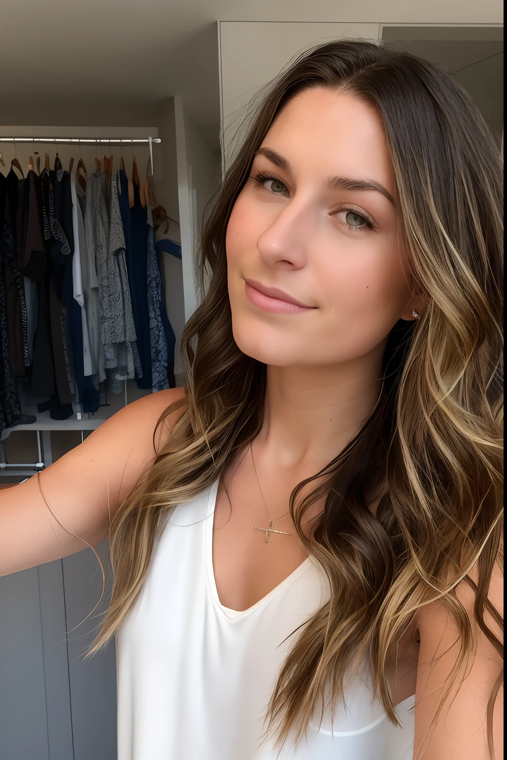 arafed woman with long hair and a necklace taking a selfie, brunette with dyed blonde hair, headshot profile picture, profile image, no makeup wavy hair, profile picture, flattering hair, tessgarman, parted light brown hair, balayage, sydney hanson, wavy shoulder-length hair, light brown long wavy hair, kaitlyn michelle siragusa