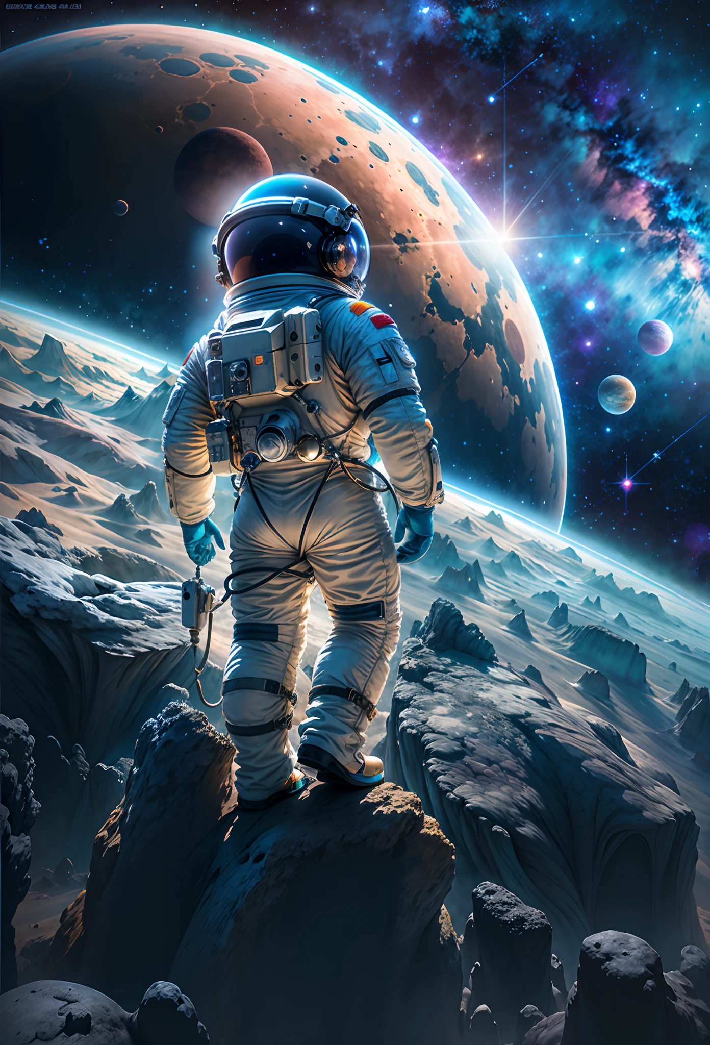 Caza astronauta chino,Sube a bordo de un asteroide de cristal.,Interestelar,Espacio sin fin,A Heavily Armed Warrior Fell From the Sky.,transparente,profundidad de campos,((obra maestra)),(Mejor calidad)),Magnificent spatial image scene.,Hermosos y coloridos cristales.,Surrealismo, super detail, preciso, Mejor calidad, hyper high definition, obra maestra, anatomically correct, A high resolution, 16k