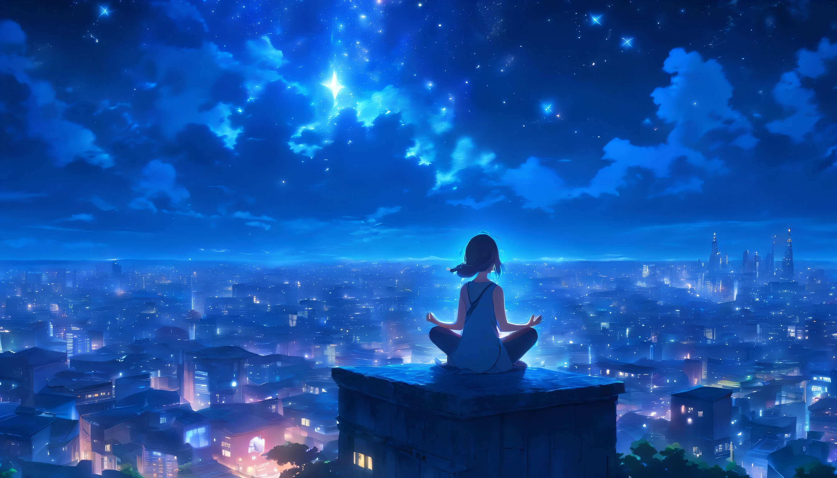 a girl meditating on top of a building at night under a starry sky, with buildings below, (best quality, 4k, highres:1.2) , ultra-detailed, (realistic:1.37), illustrations, urban landscape, tranquil atmosphere, vibrant colors, soft lighting