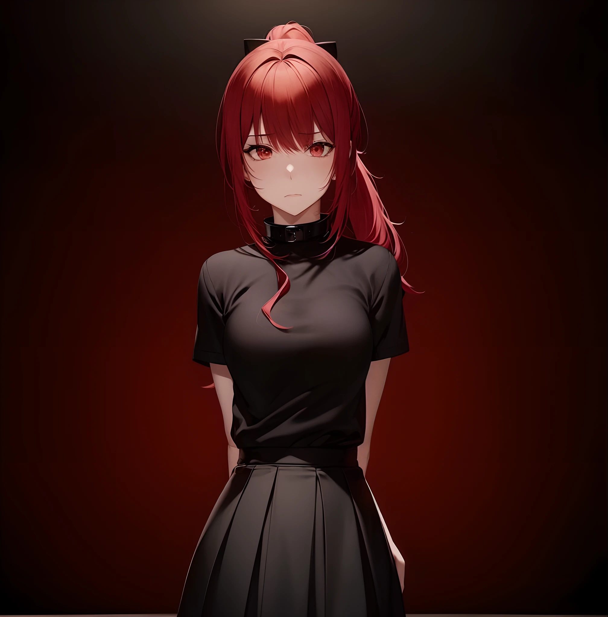 realistic anime, best quality, anxious mood, female, red hair, ponytail, black collar shirt, tight skirt, aim the gu at audience, anxious atmosphere,