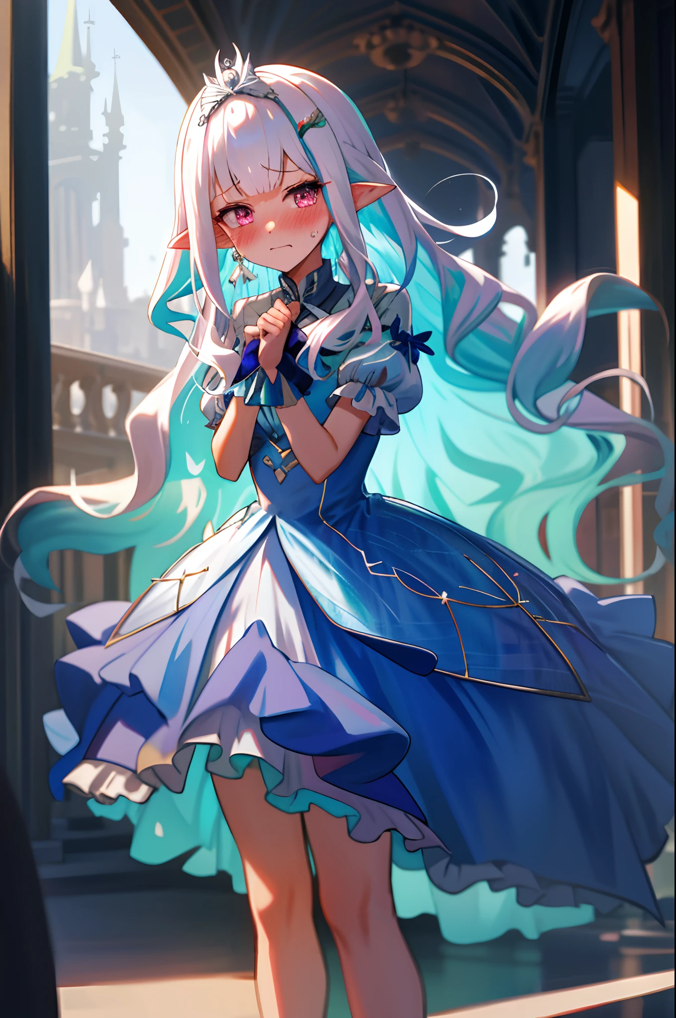 One girl with long wavy hair, white hair, looking at viewer, embarrassed, blushing, tears, outdoor , princess dress, tiara, pointy ears, perfect waist, castle, standing, hair ornament, eyeliner, thigh, hair ribbon