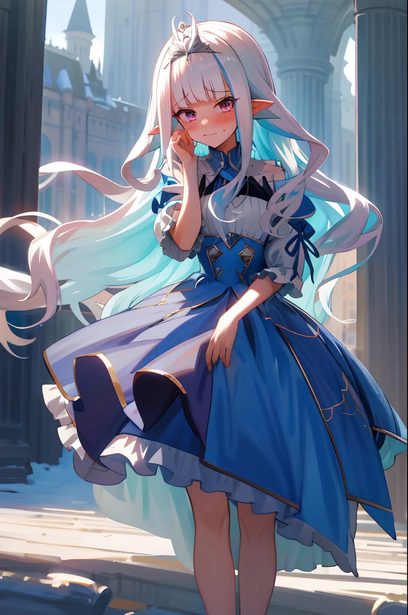 One girl with long wavy hair, white hair, looking at viewer, embarrassed, blushing, tears, outdoor , princess dress, tiara, pointy ears, perfect waist, castle, standing, hair ornament, eyeliner, thigh, hair ribbon